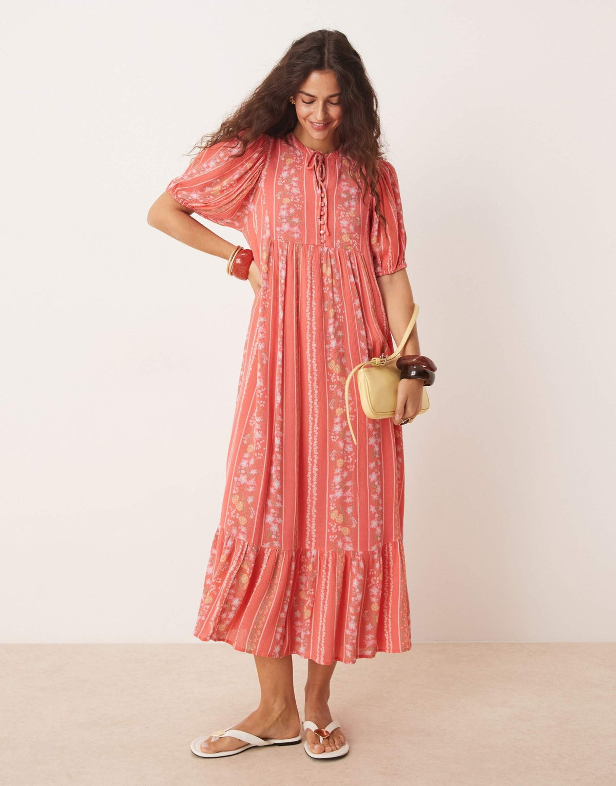 YAS Festival boho style puff sleeve maxi dress with button front detail in coral floral stripe - ASOS Sample Sale