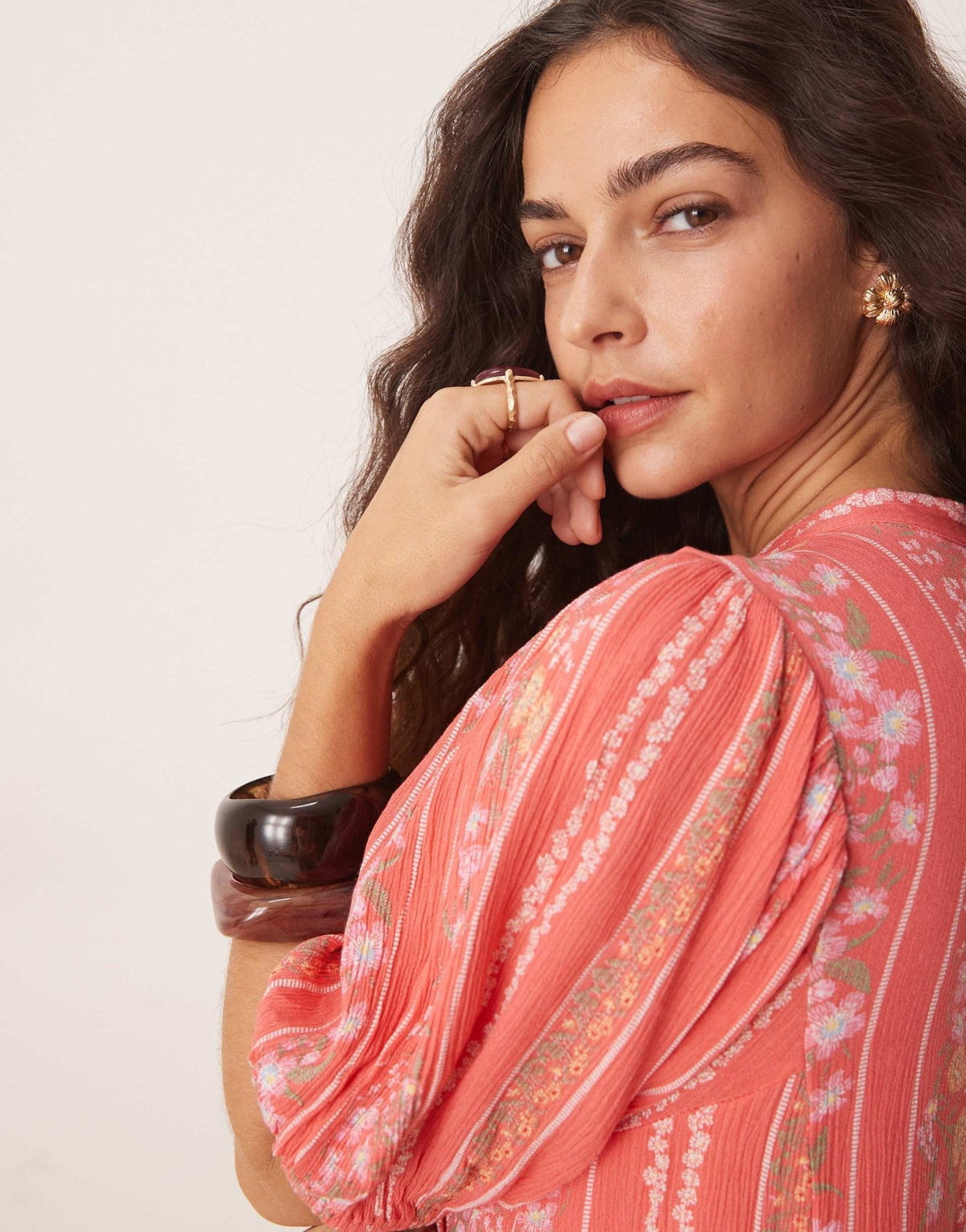YAS Festival boho style puff sleeve maxi dress with button front detail in coral floral stripe - ASOS Sample Sale