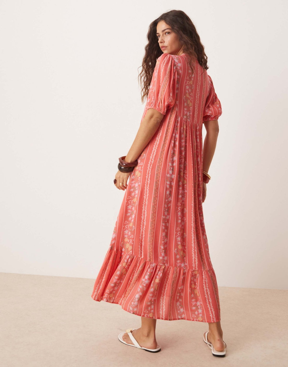 YAS Festival boho style puff sleeve maxi dress with button front detail in coral floral stripe - ASOS Sample Sale