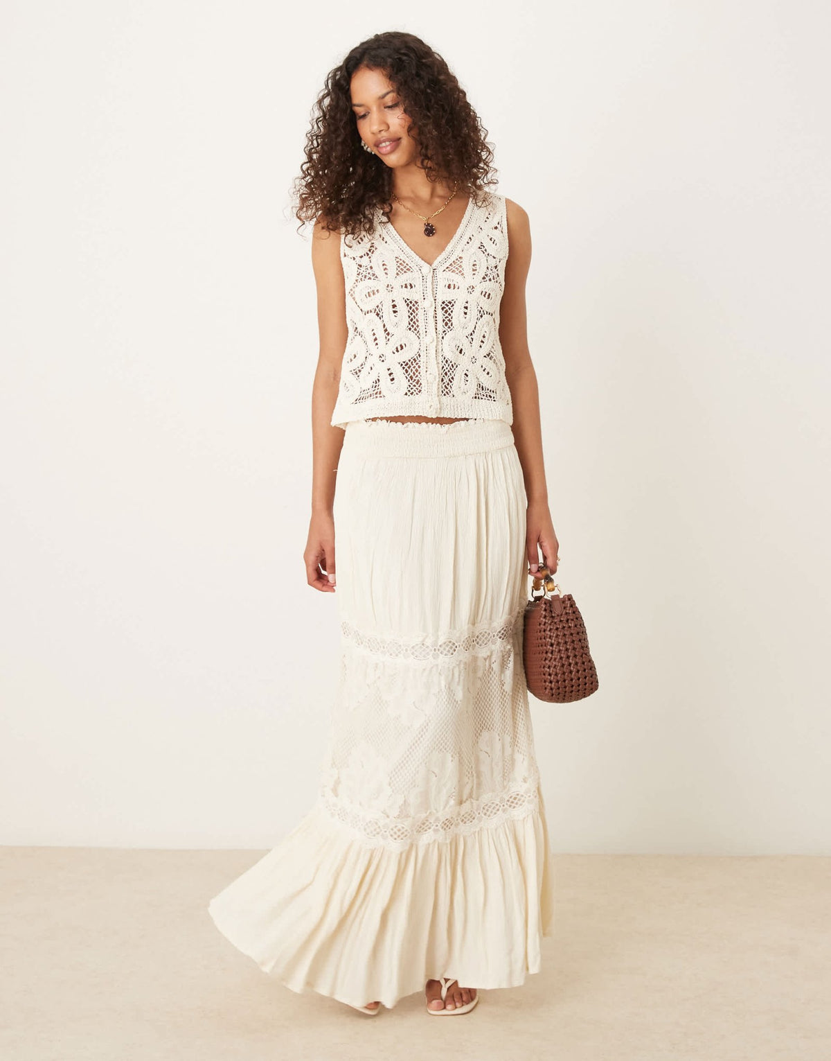 YAS Festival crochet lace insert boho maxi skirt in cream - ASOS Sample Sale