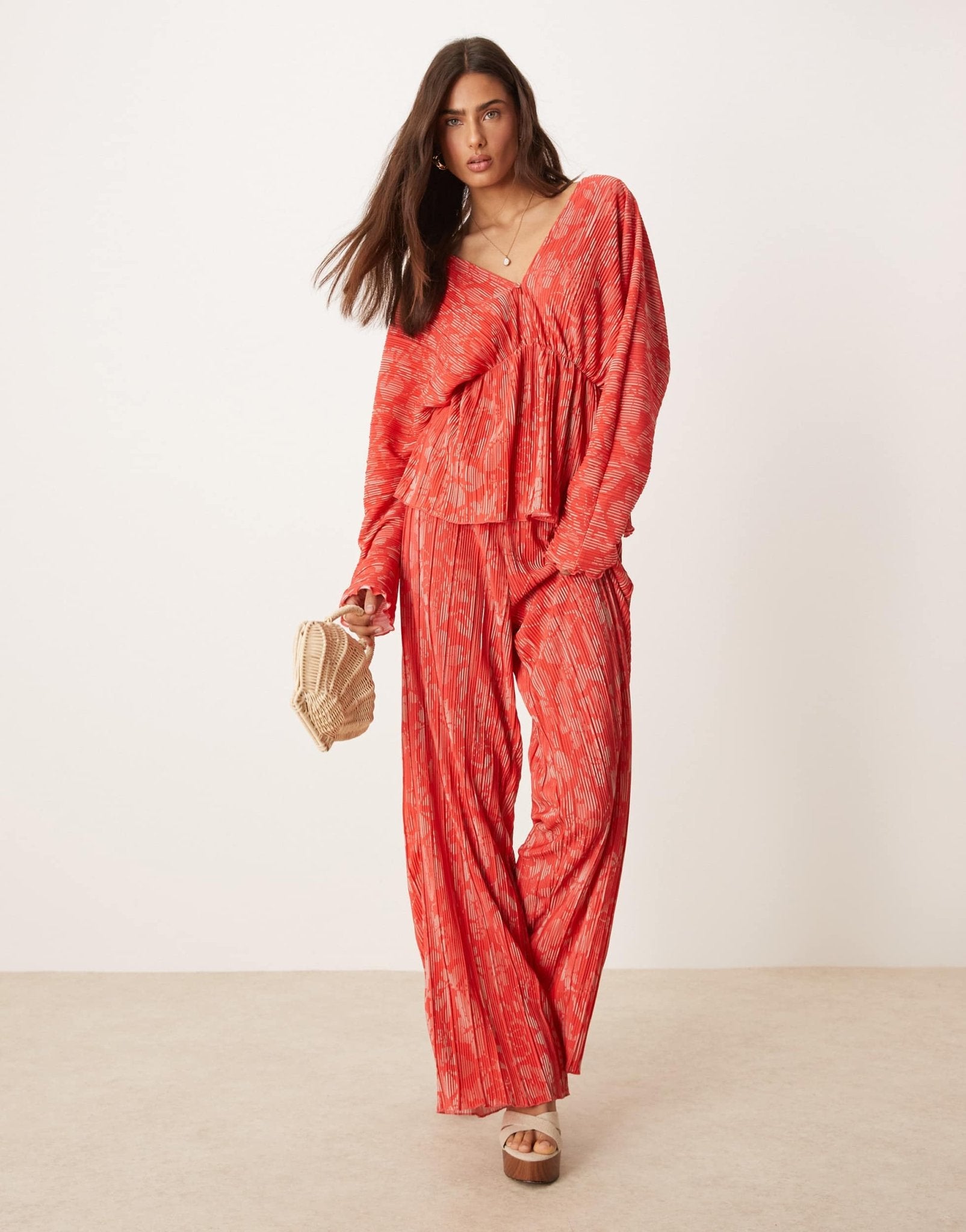 YAS floral printed plisse trouser co - ord in red and pink - ASOS Sample Sale