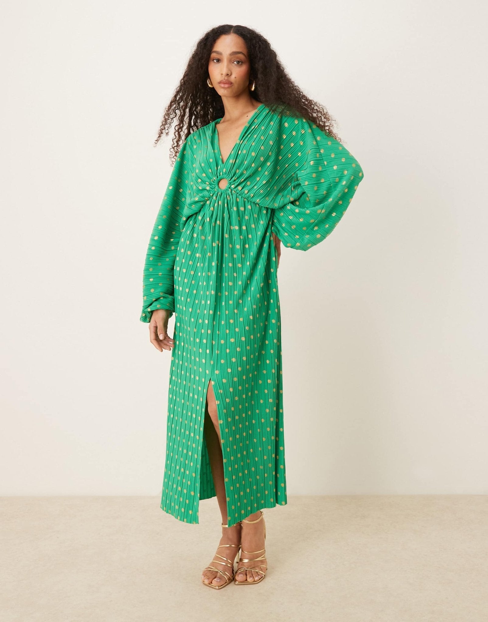 YAS foil spot plisse blouson sleeve maxi dress in green - ASOS Sample Sale