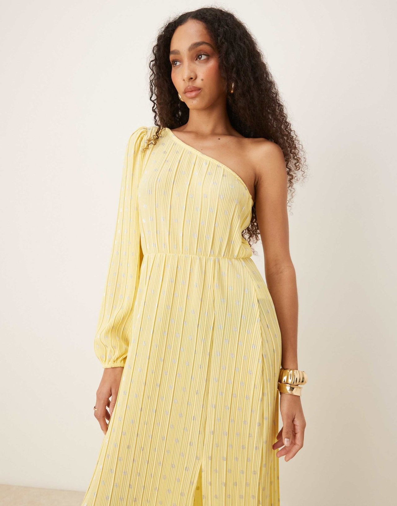 YAS foil spot plisse one shoulder maxi dress in pale yellow - ASOS Sample Sale