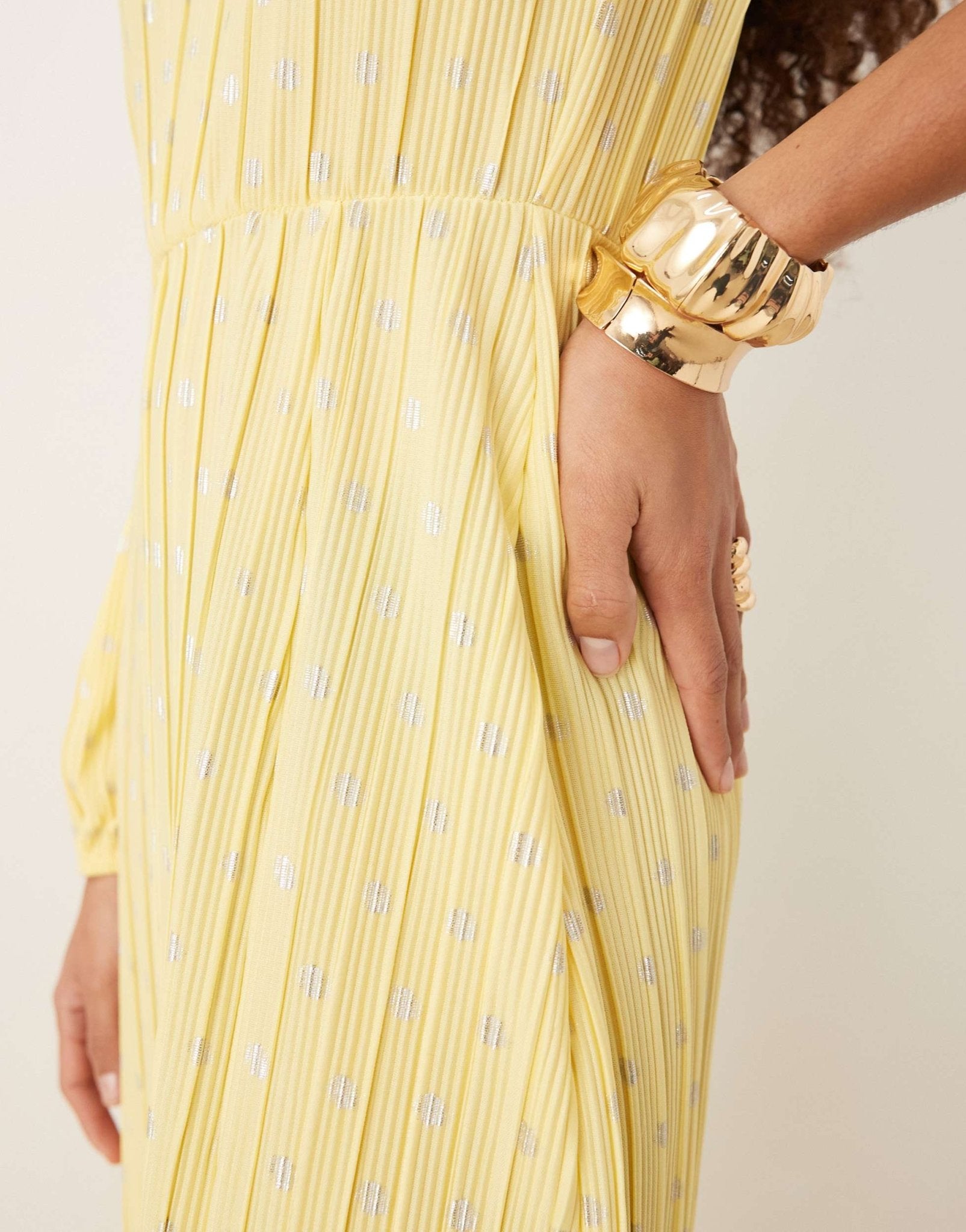 YAS foil spot plisse one shoulder maxi dress in pale yellow - ASOS Sample Sale