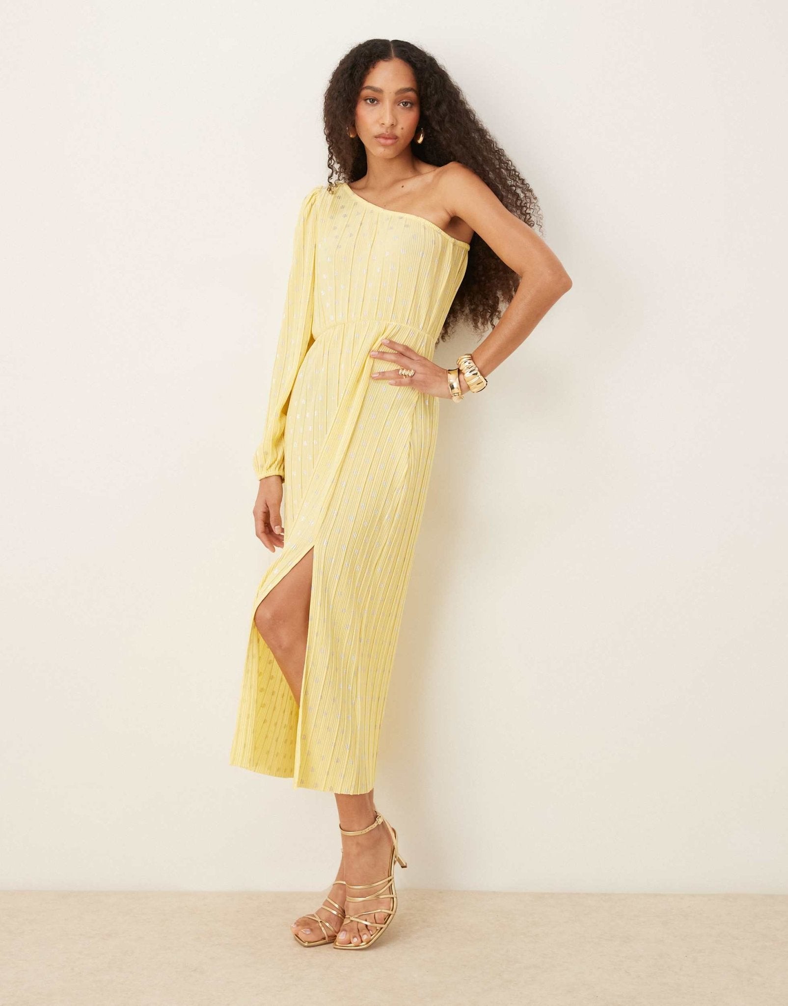 YAS foil spot plisse one shoulder maxi dress in pale yellow - ASOS Sample Sale