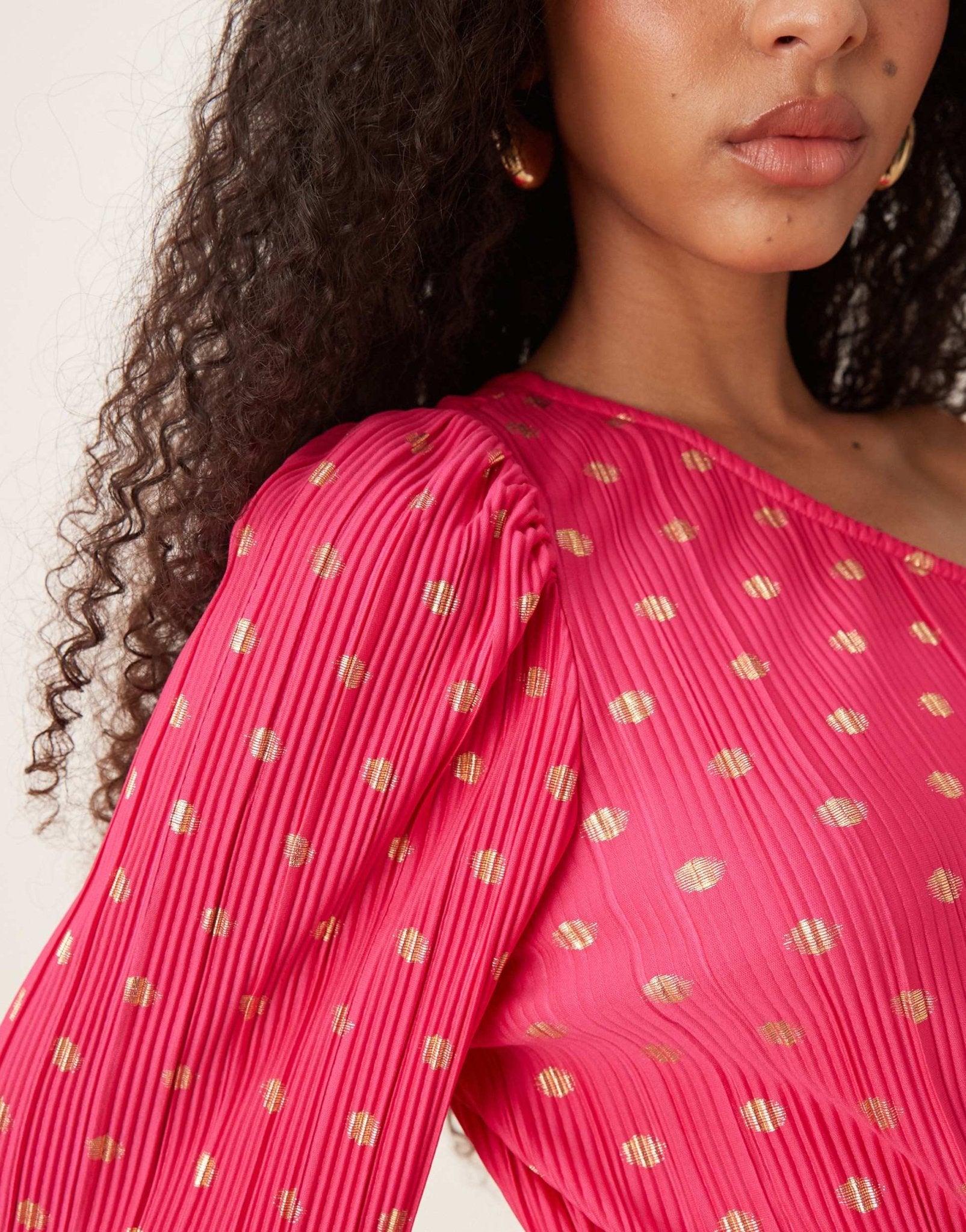 YAS foil spot plisse one shoulder maxi dress in pink - ASOS Sample Sale