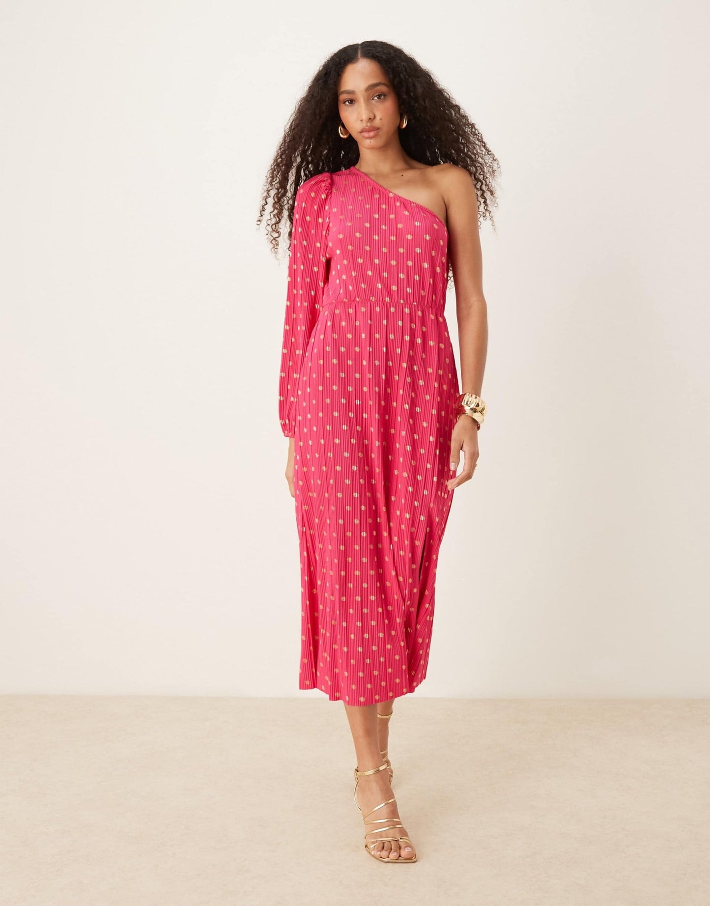 YAS foil spot plisse one shoulder maxi dress in pink - ASOS Sample Sale