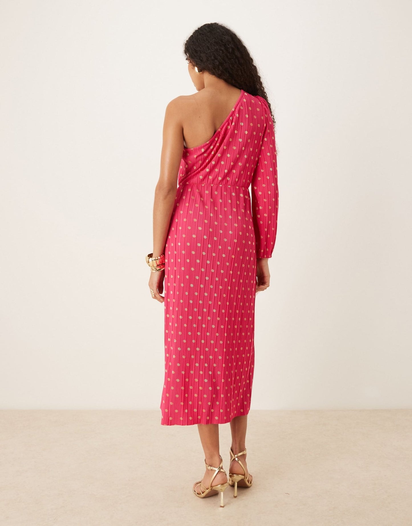YAS foil spot plisse one shoulder maxi dress in pink - ASOS Sample Sale