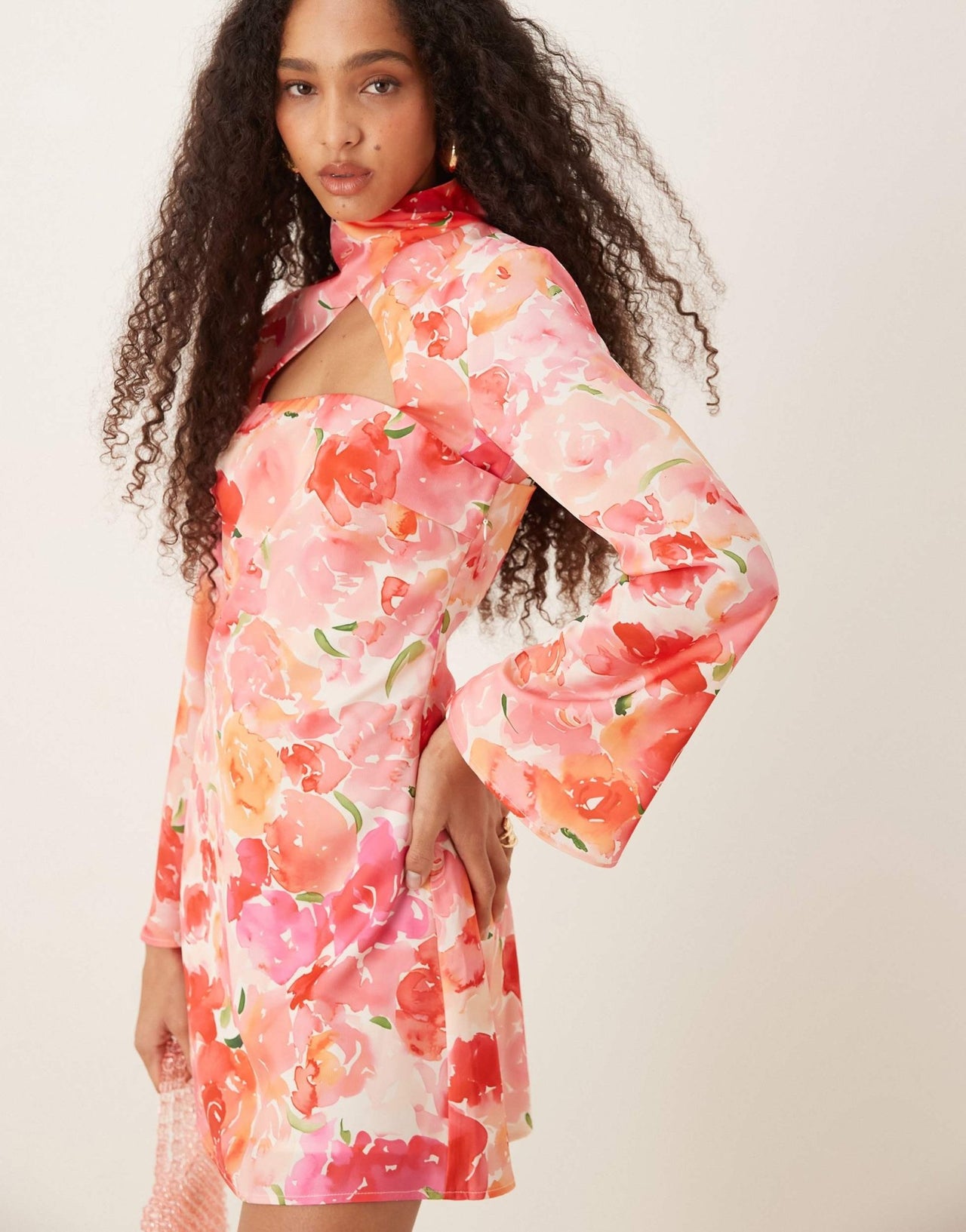 YAS high neck cut out satin mini dress in floral print - ASOS Sample Sale