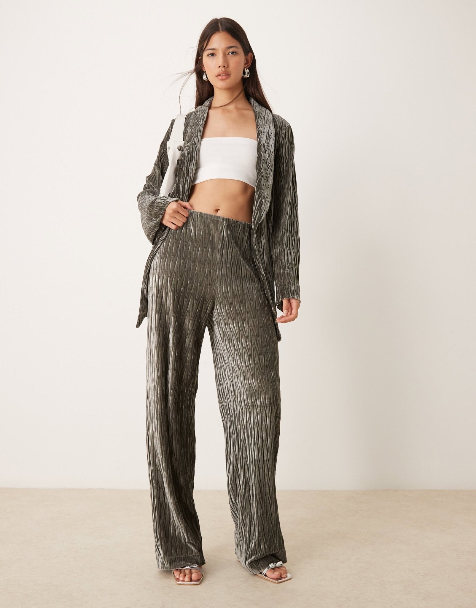 YAS high waisted textured velvet trousers co - ord in black ink - ASOS Sample Sale