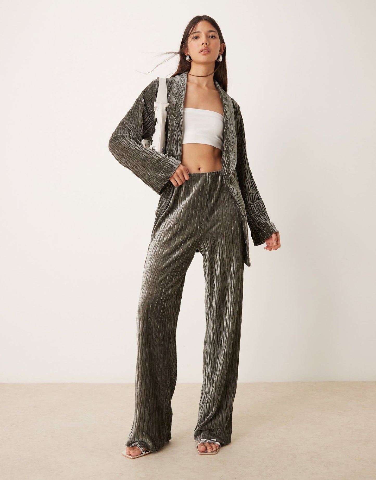 YAS high waisted textured velvet trousers co - ord in black ink - ASOS Sample Sale