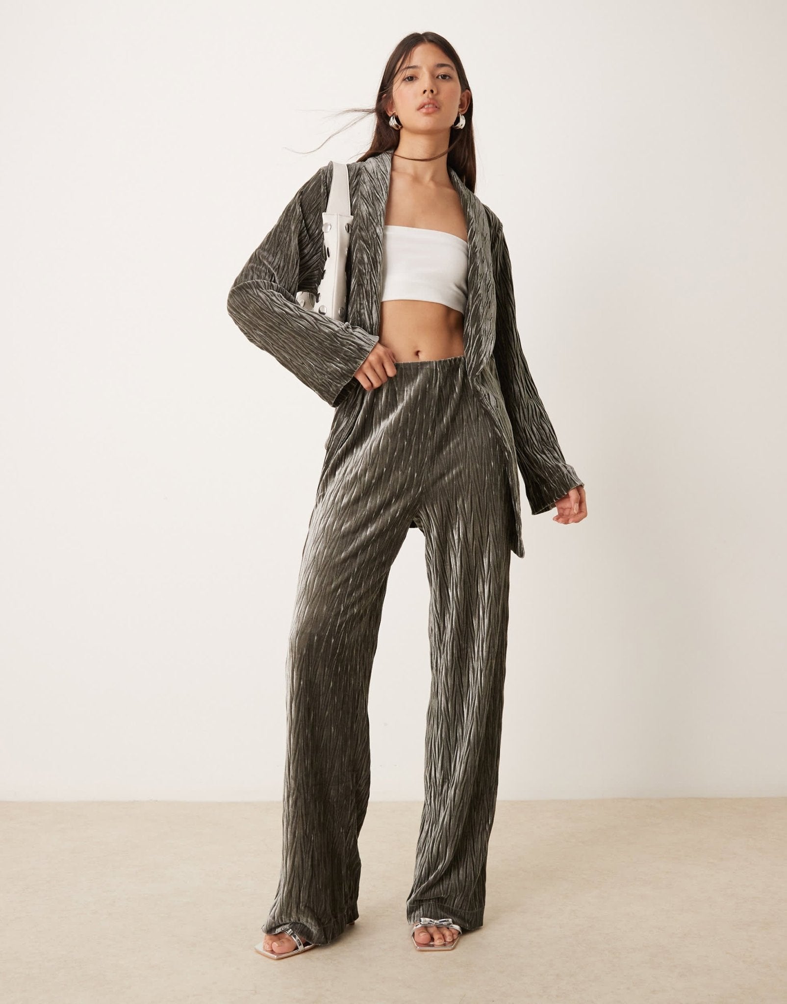 YAS high waisted textured velvet trousers co - ord in black ink - ASOS Sample Sale
