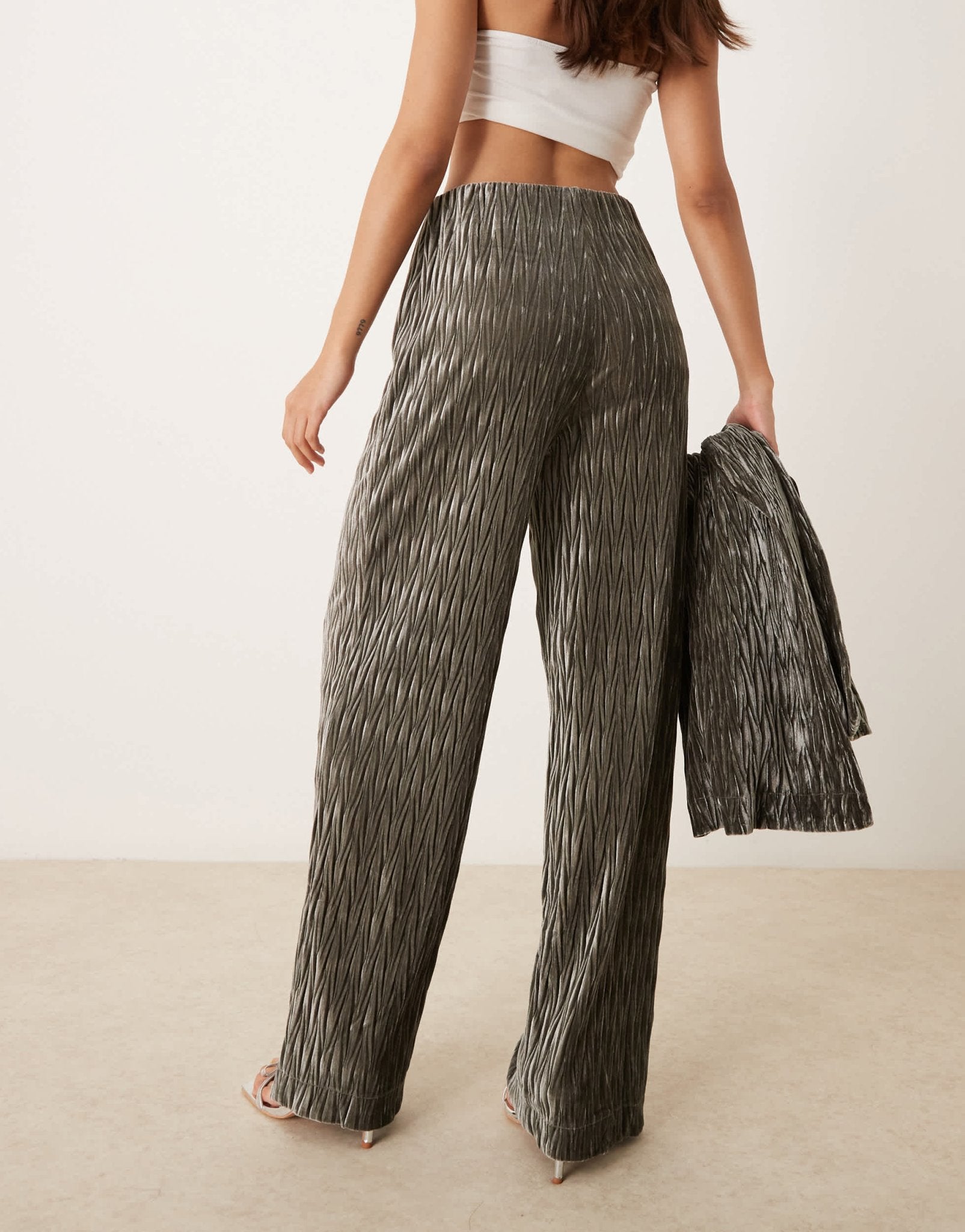 YAS high waisted textured velvet trousers co - ord in black ink - ASOS Sample Sale
