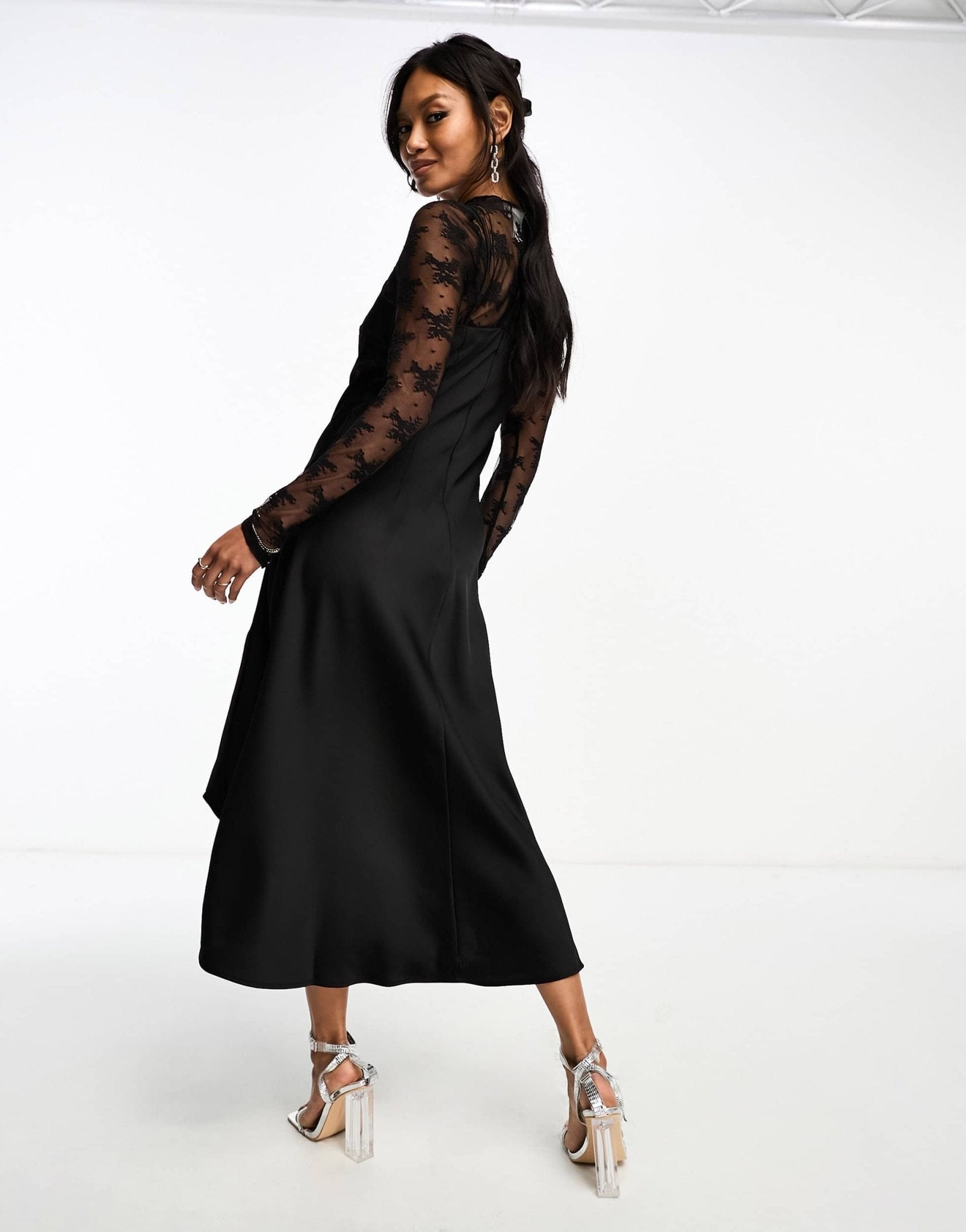 YAS hybrid high neck lace top and satin slip dress in black - BLACK - ASOS Sample Sale