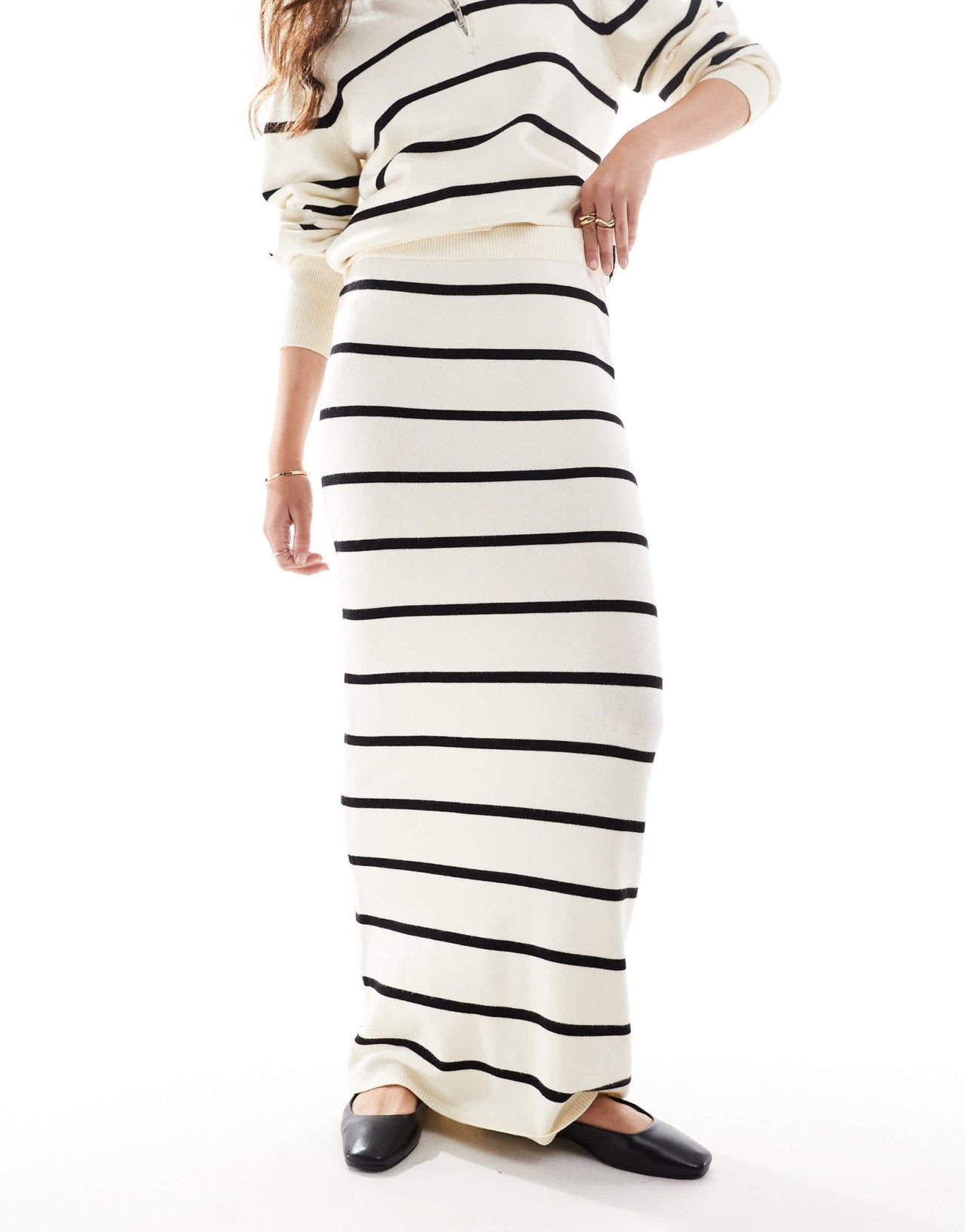 YAS knitted maxi skirt co - ord in cream and black stripes - ASOS Sample Sale