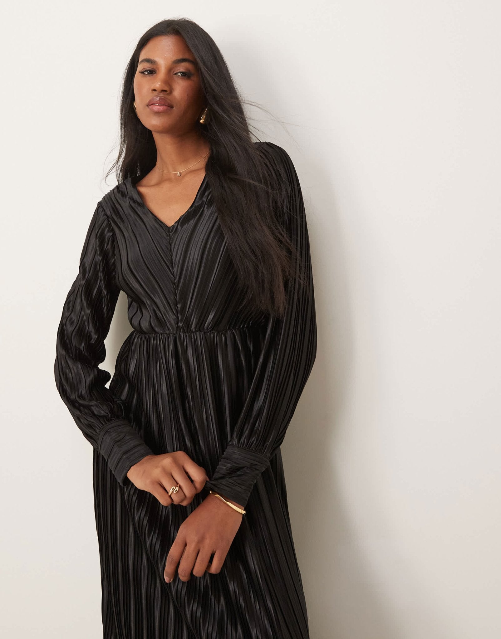 YAS long sleeve plisse dress in black - ASOS Sample Sale