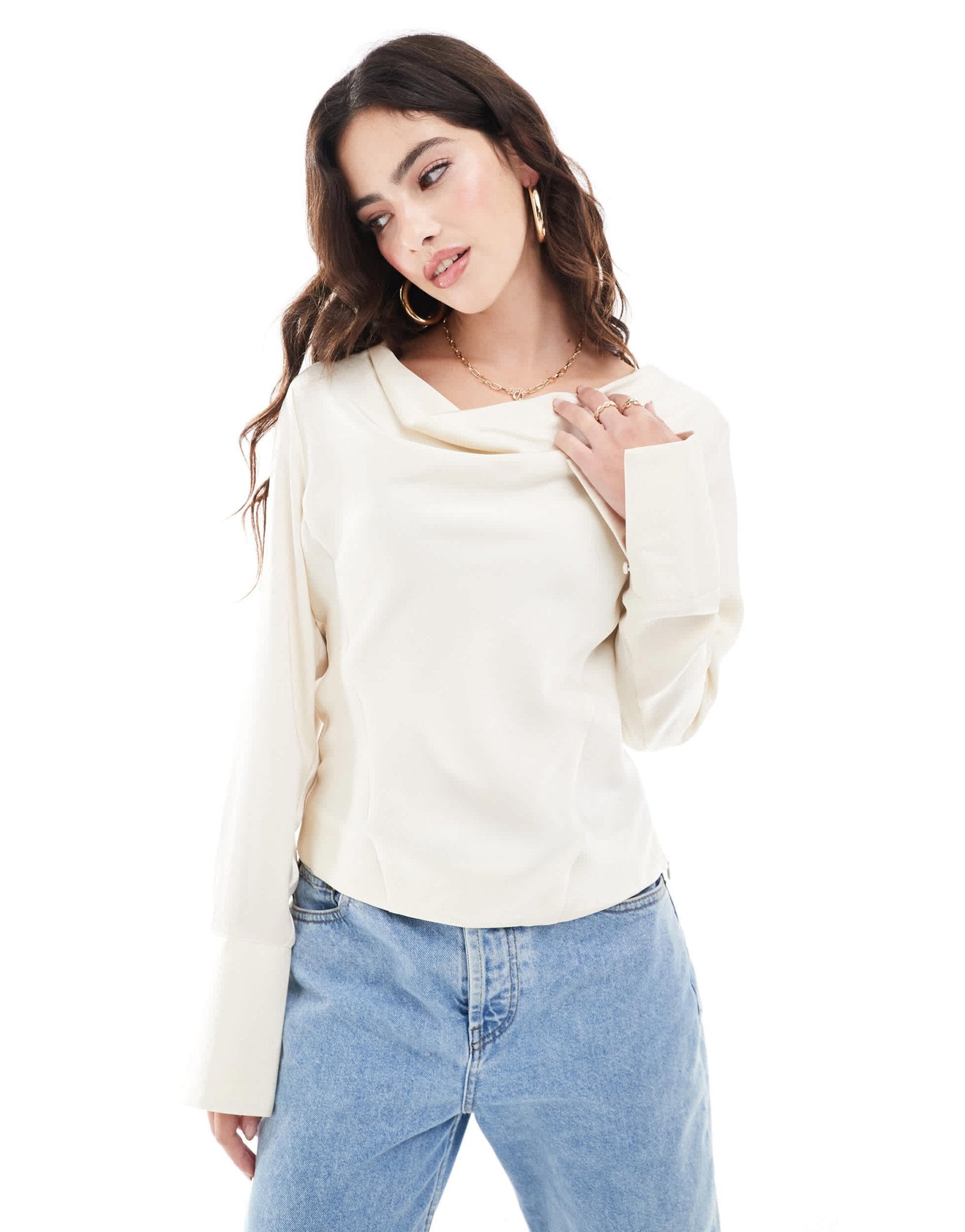 YAS long sleeve satin top in off white - WHITE - ASOS Sample Sale