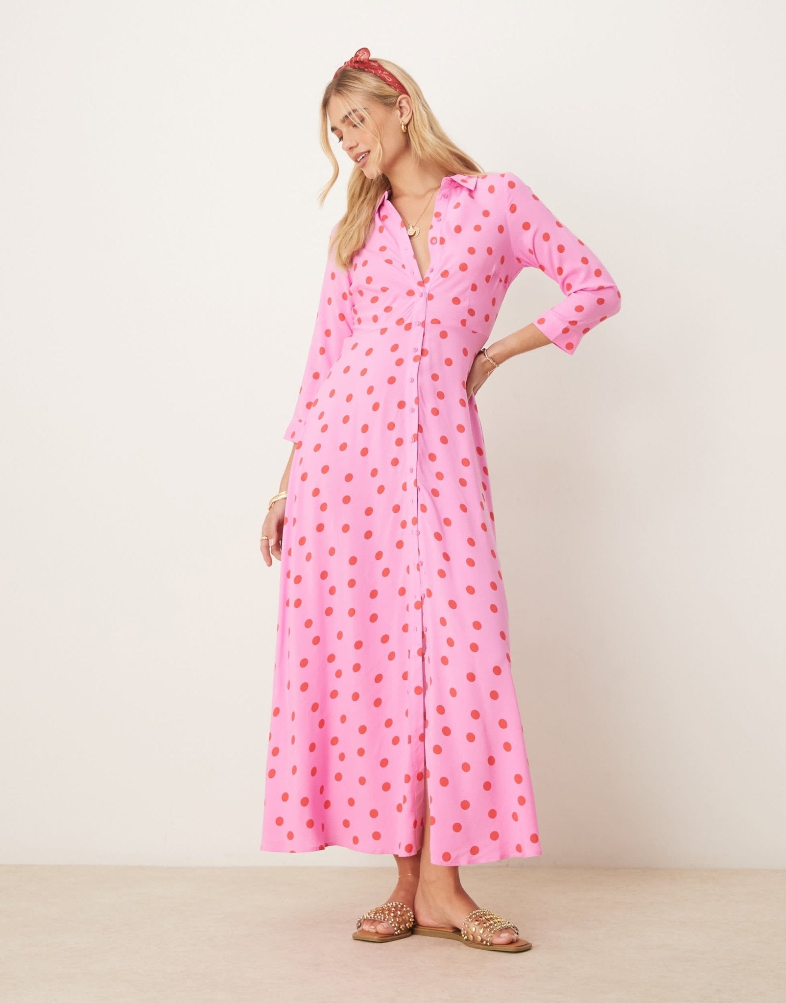 YAS maxi shirt dress in pink and red polka dot print - ASOS Sample Sale