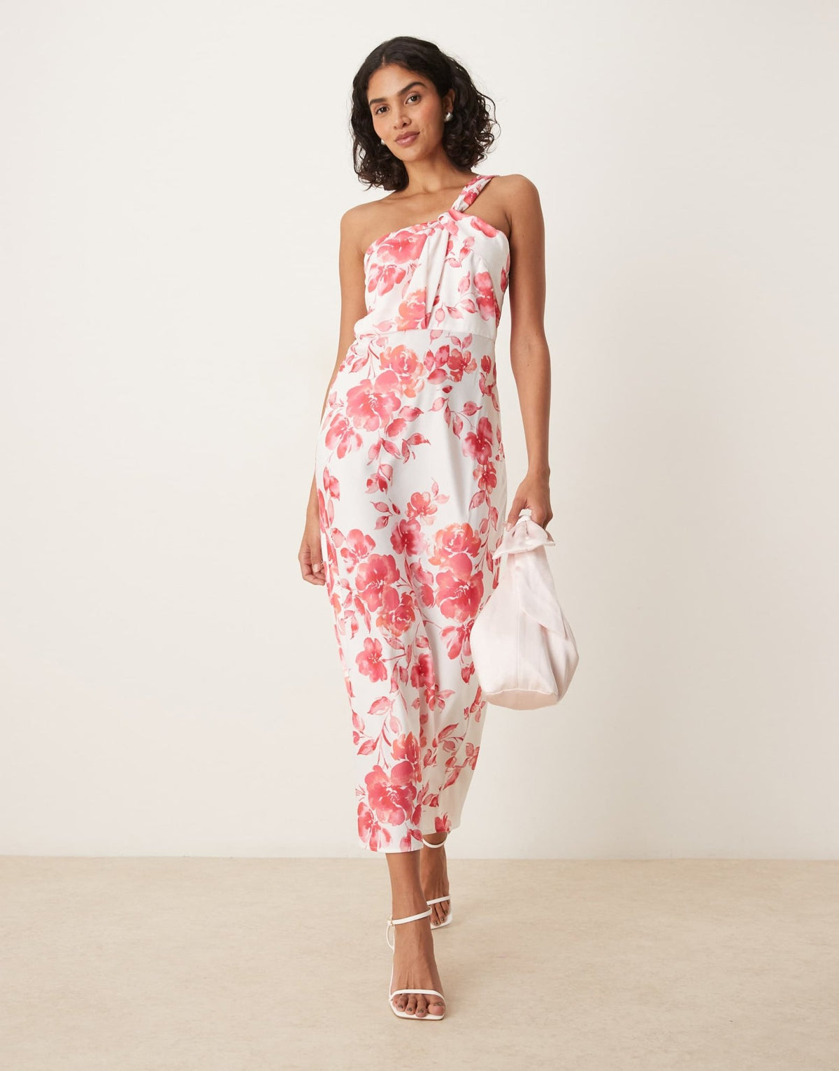 YAS one shoulder red floral satin maxi dress in white - ASOS Sample Sale