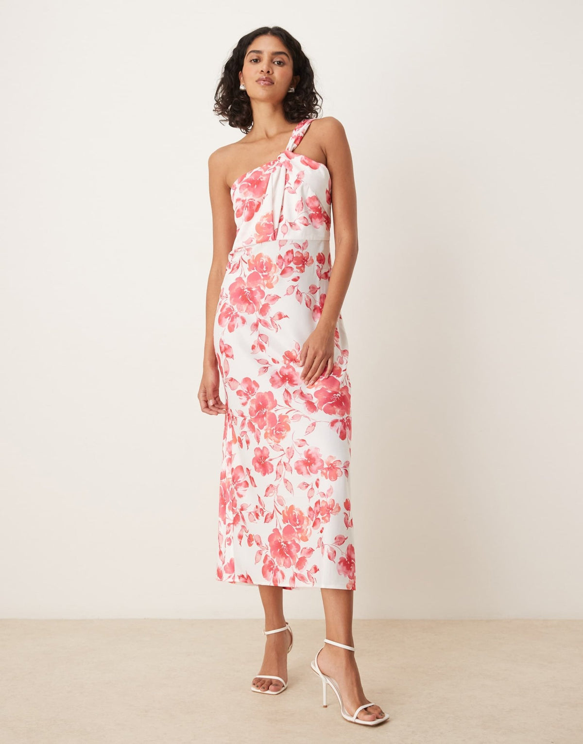 YAS one shoulder red floral satin maxi dress in white - ASOS Sample Sale
