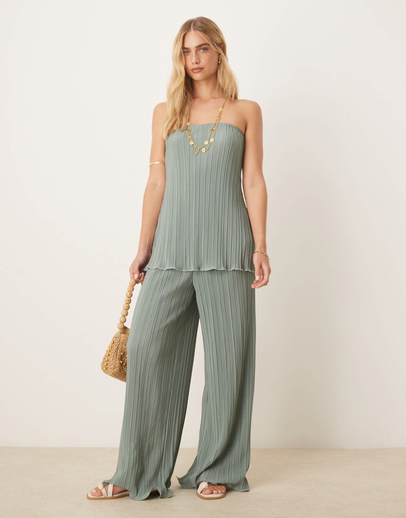 YAS plisse bandeau co-ord with rolled hem detail in soft green - ASOS Sample Sale