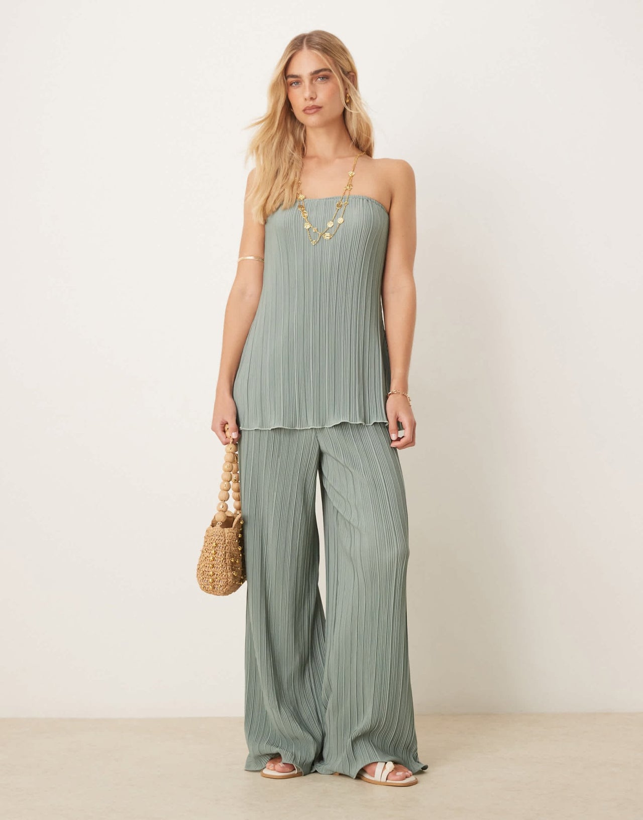 YAS plisse wide leg trouser co-ord with rolled hem detail in soft green - ASOS Sample Sale