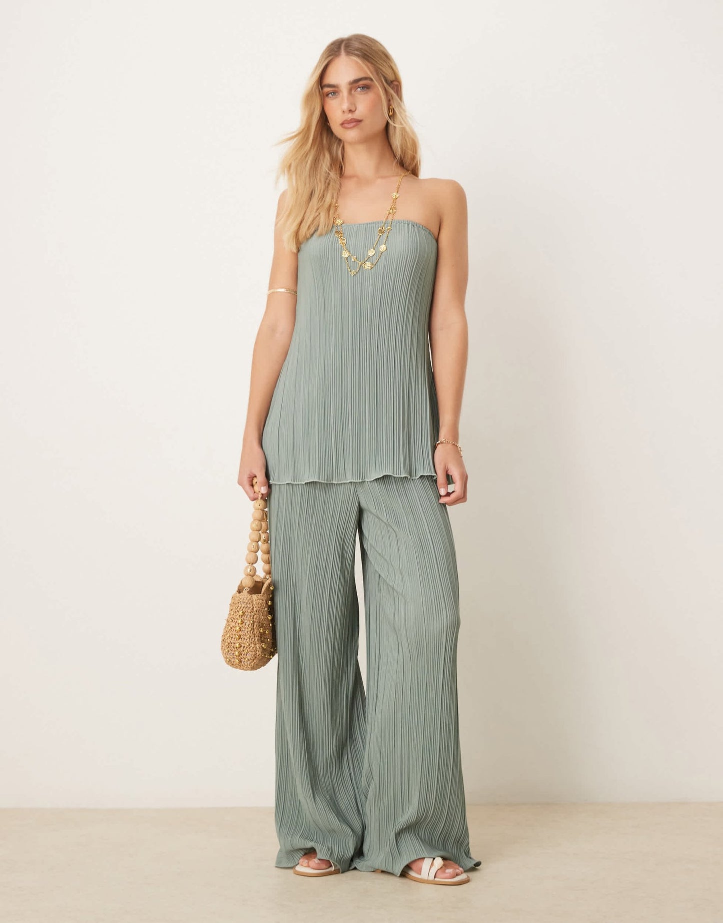 YAS plisse wide leg trouser co-ord with rolled hem detail in soft green - ASOS Sample Sale
