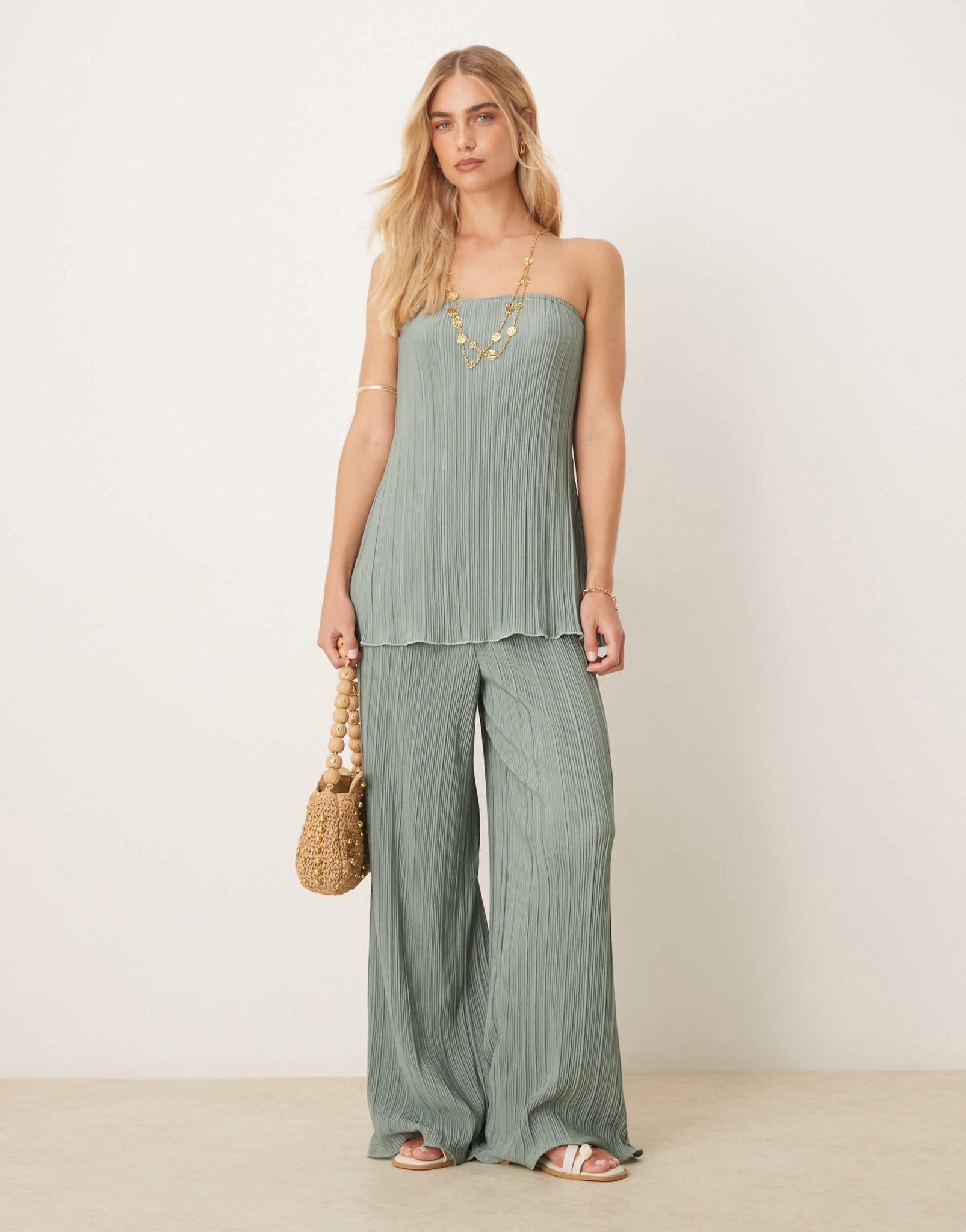 YAS plisse wide leg trouser co-ord with rolled hem detail in soft green - ASOS Sample Sale