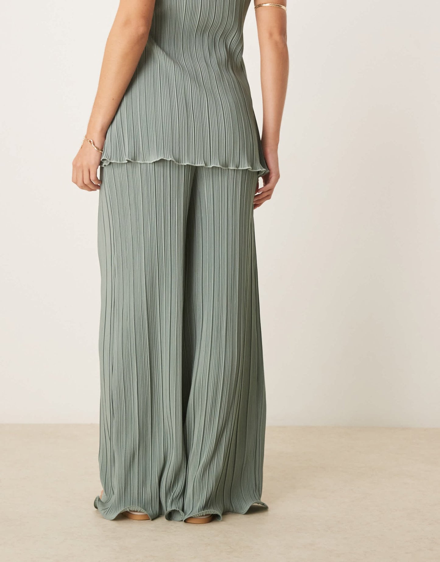 YAS plisse wide leg trouser co-ord with rolled hem detail in soft green - ASOS Sample Sale