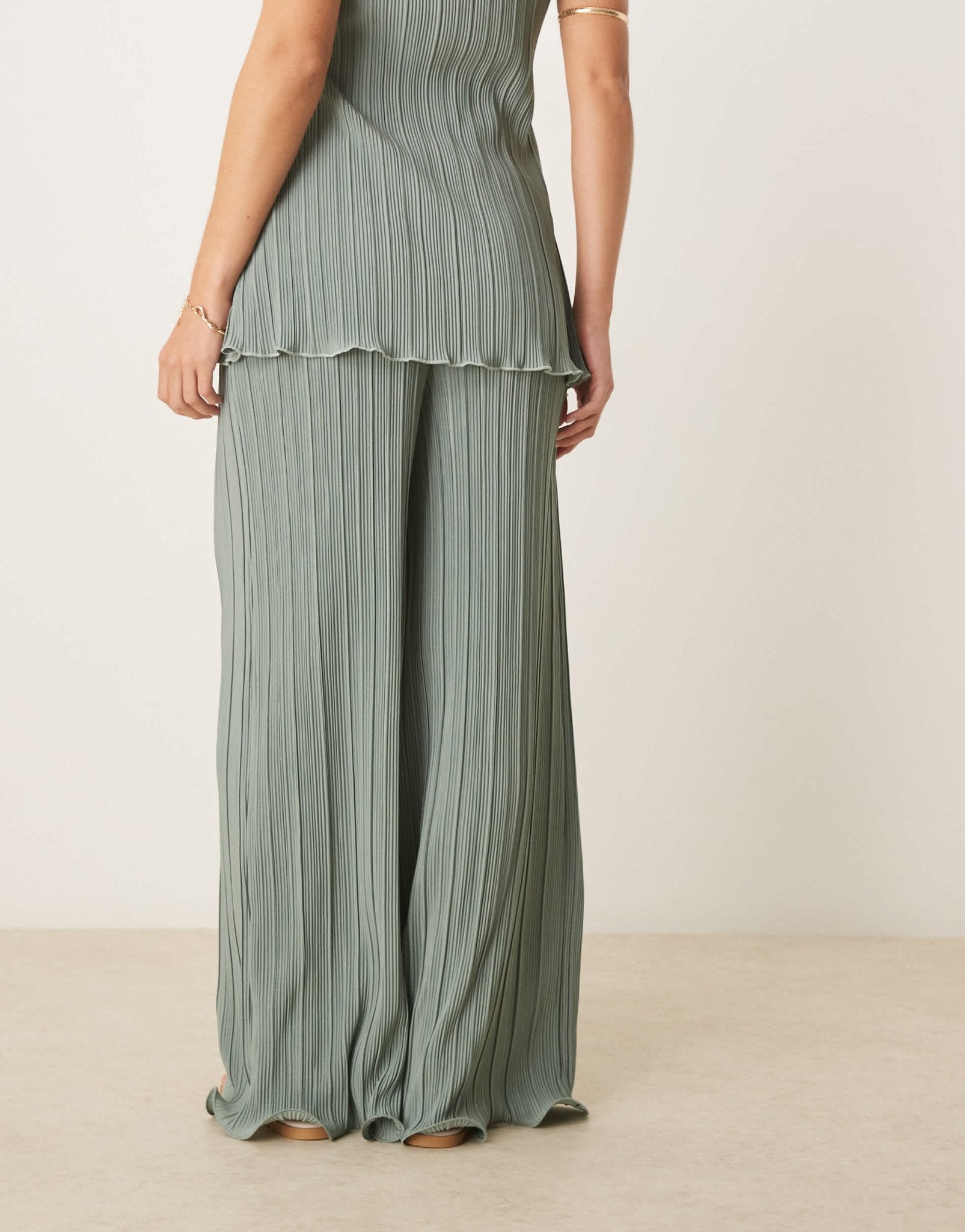 YAS plisse wide leg trouser co-ord with rolled hem detail in soft green - ASOS Sample Sale