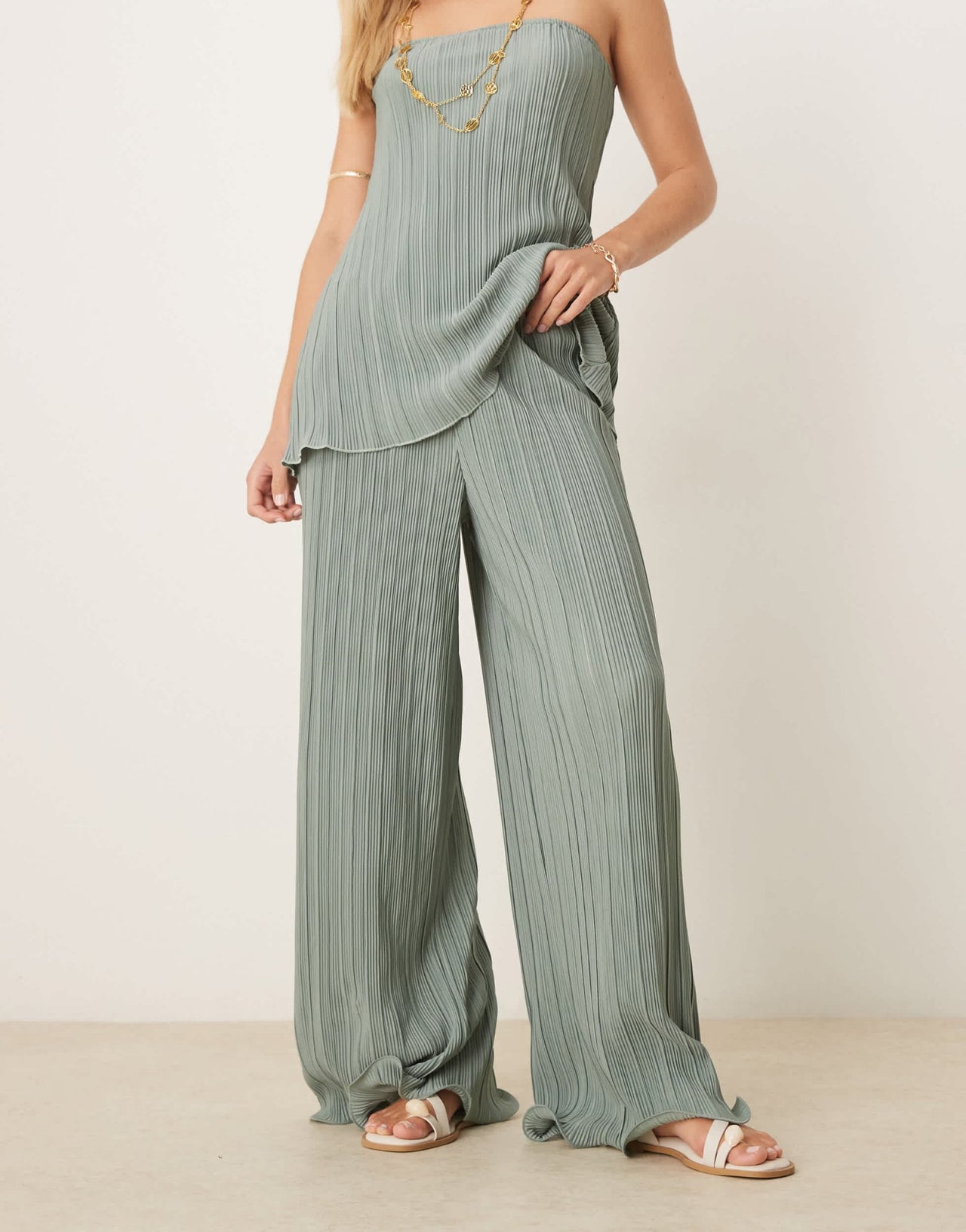 YAS plisse wide leg trouser co-ord with rolled hem detail in soft green - ASOS Sample Sale