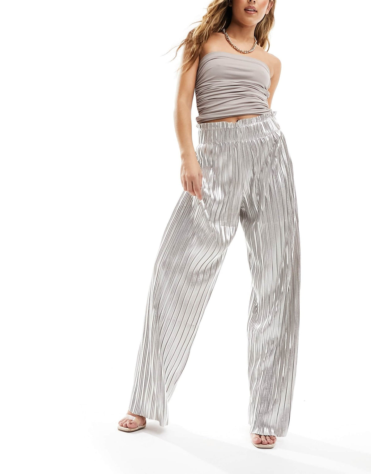 Y.A.S plisse wide leg trousers in metallic silver - ASOS Sample Sale