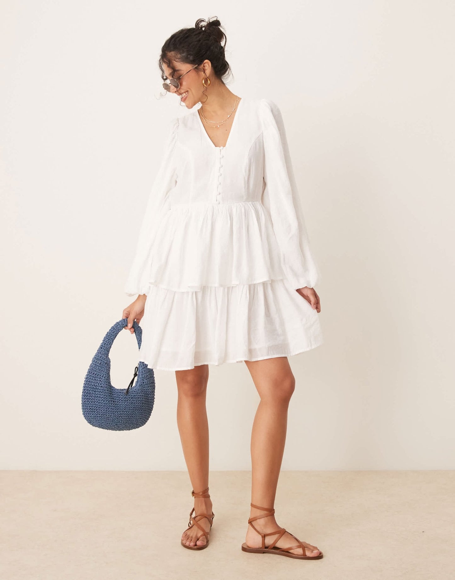 YAS puff sleeve button front boho mini dress in white - ASOS Sample Sale