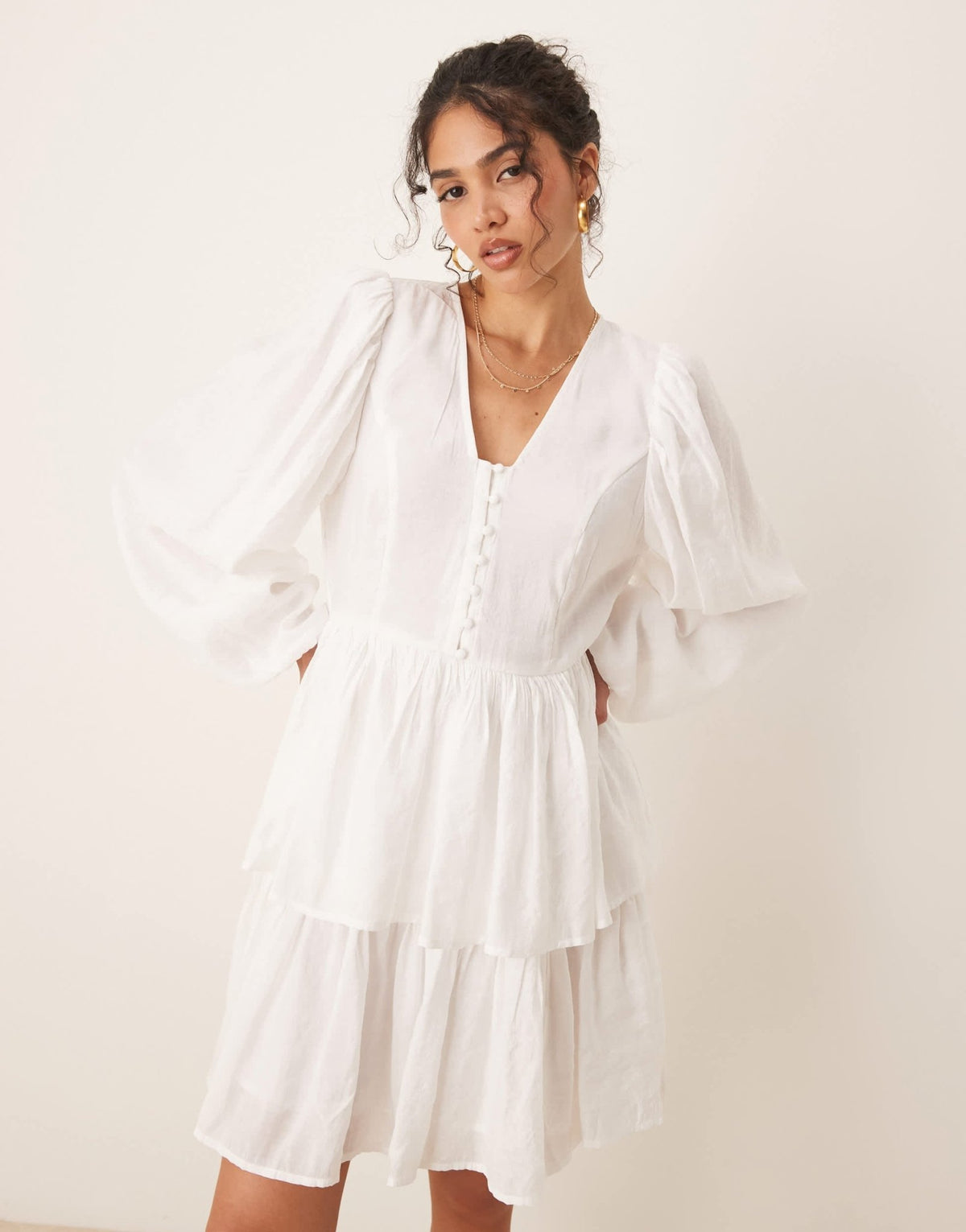 YAS puff sleeve button front boho mini dress in white - ASOS Sample Sale