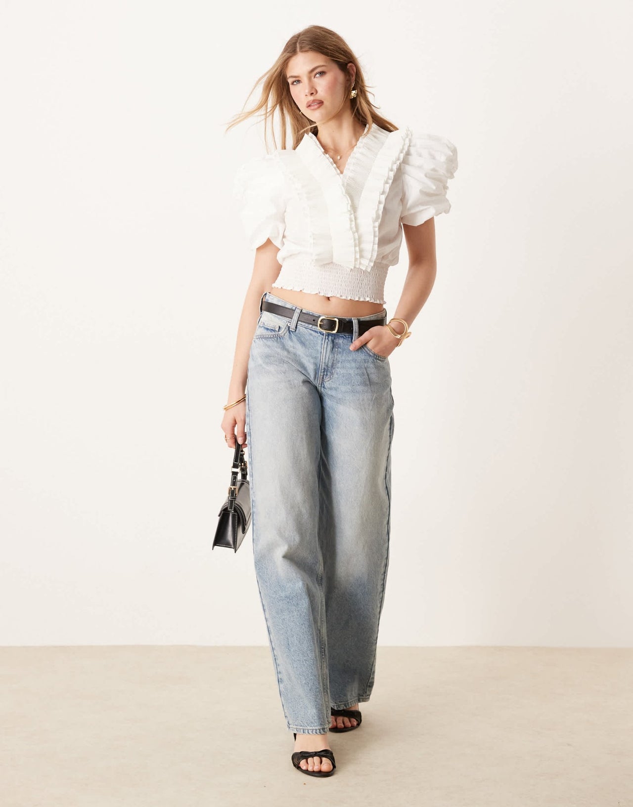 YAS puff sleeve pleated ruffle detail poplin top in white - ASOS Sample Sale