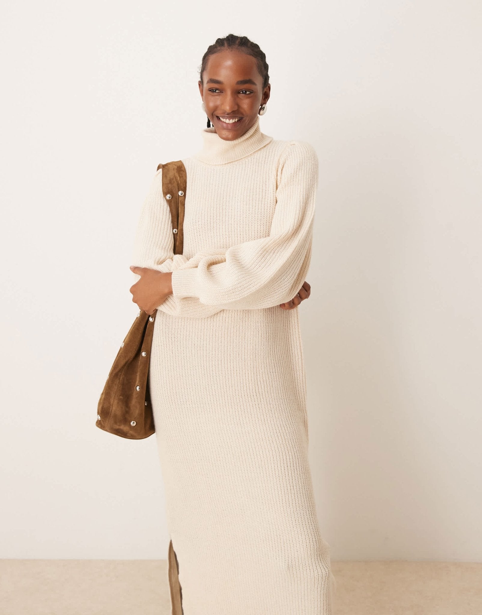 YAS roll neck long sleeve knit dress in birch - ASOS Sample Sale