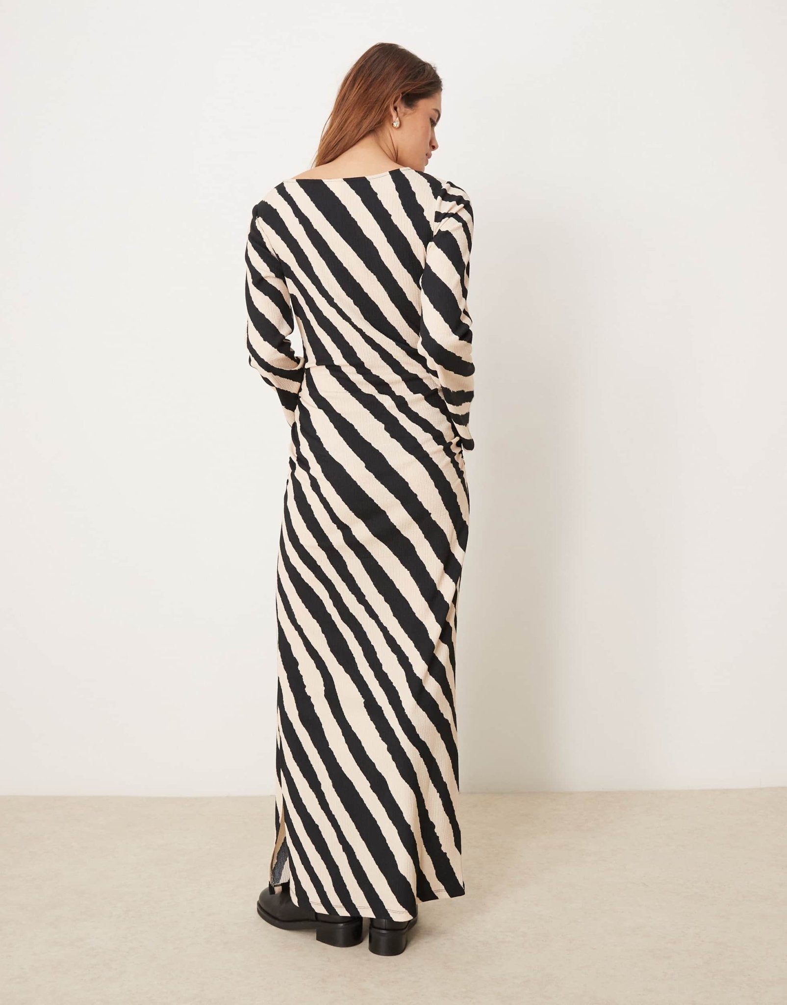 YAS ruched midi dress with bell sleeve detail in monochrome stripe print - ASOS Sample Sale