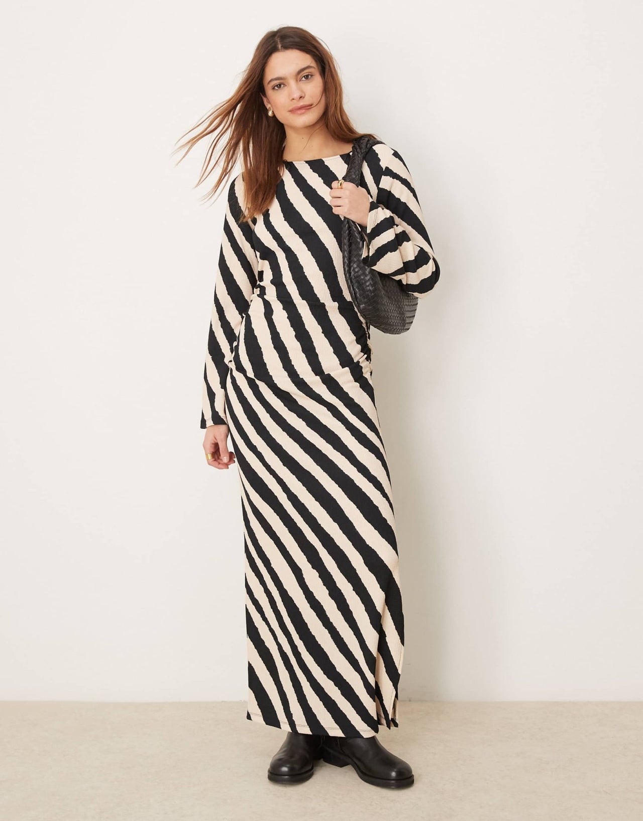 YAS ruched midi dress with bell sleeve detail in monochrome stripe print - ASOS Sample Sale
