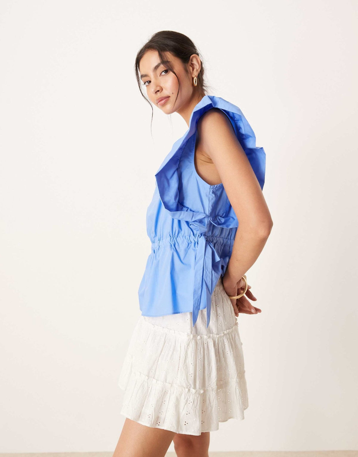 YAS ruffle sleeve tie waist detail poplin top in provence blue - ASOS Sample Sale