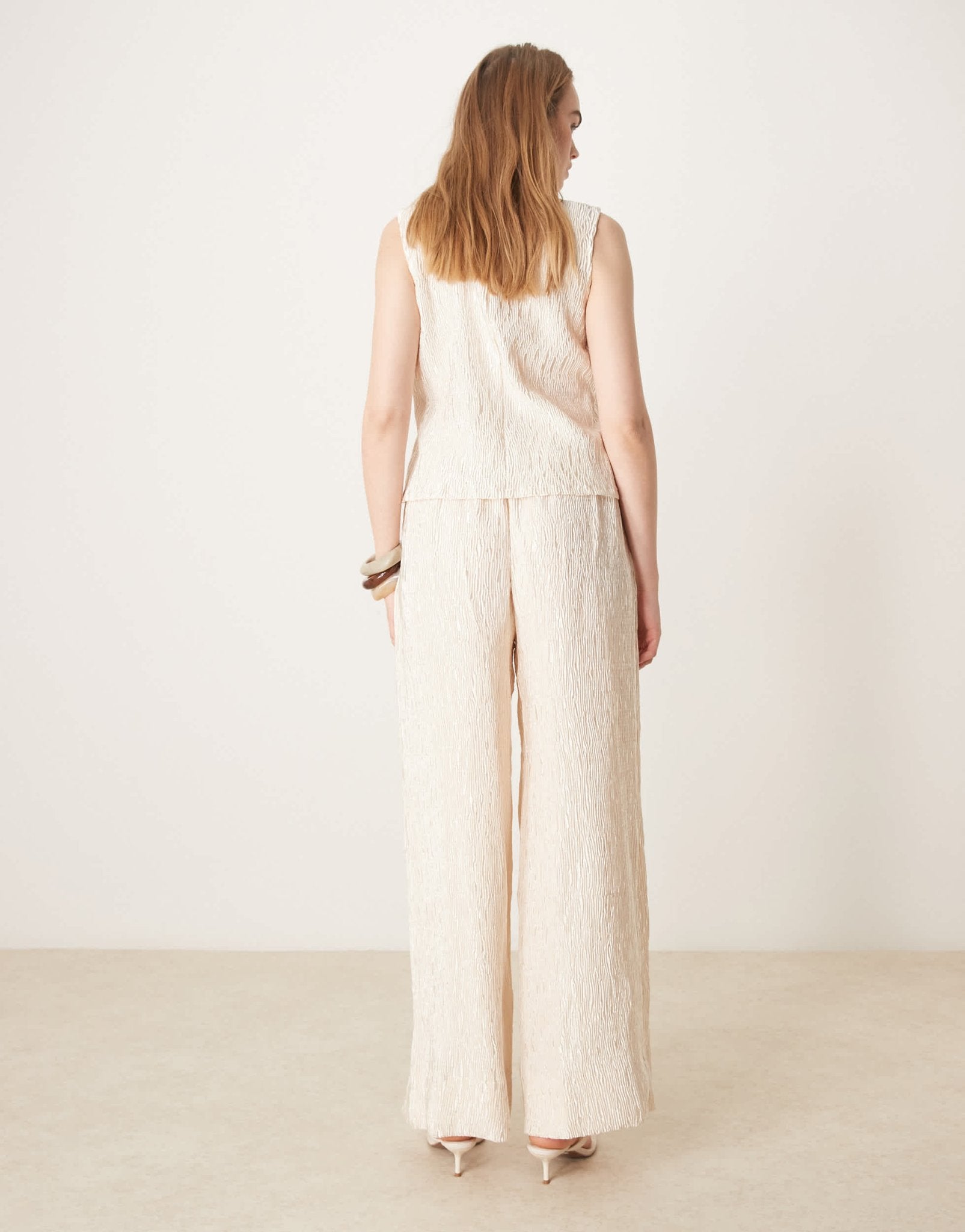 YAS shimmer crinkle wide leg trouser co-ord in sandshell - ASOS Sample Sale