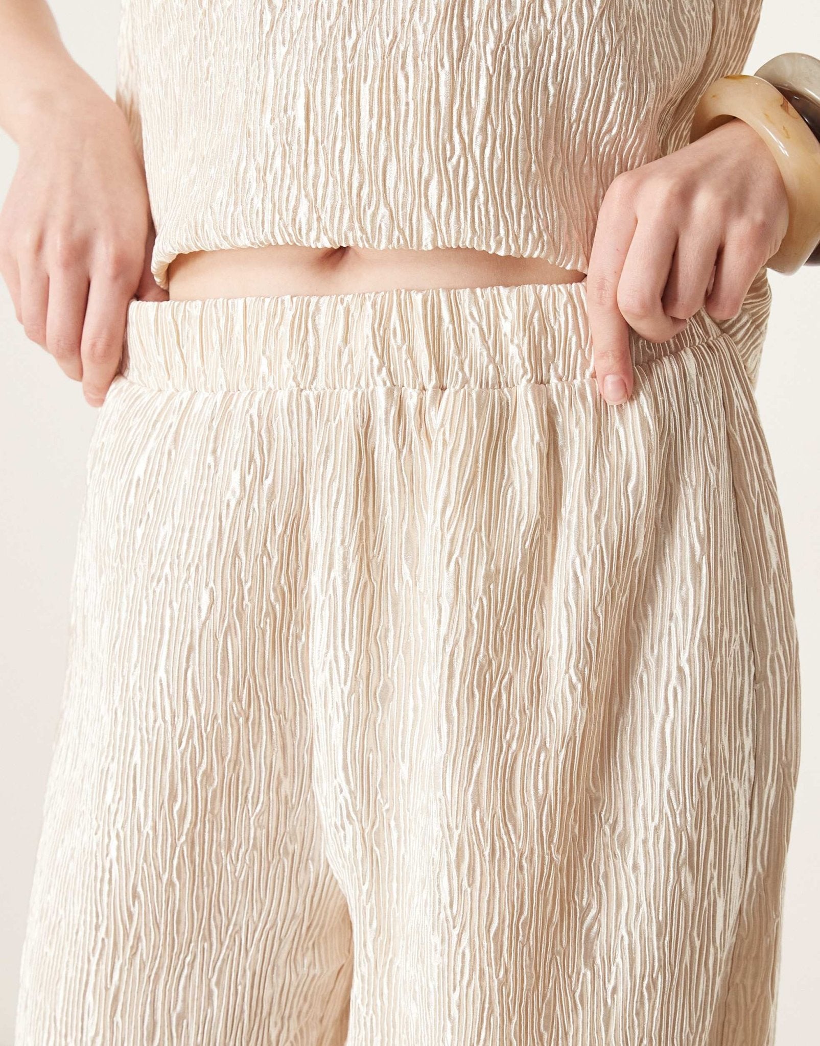 YAS shimmer crinkle wide leg trouser co-ord in sandshell - ASOS Sample Sale