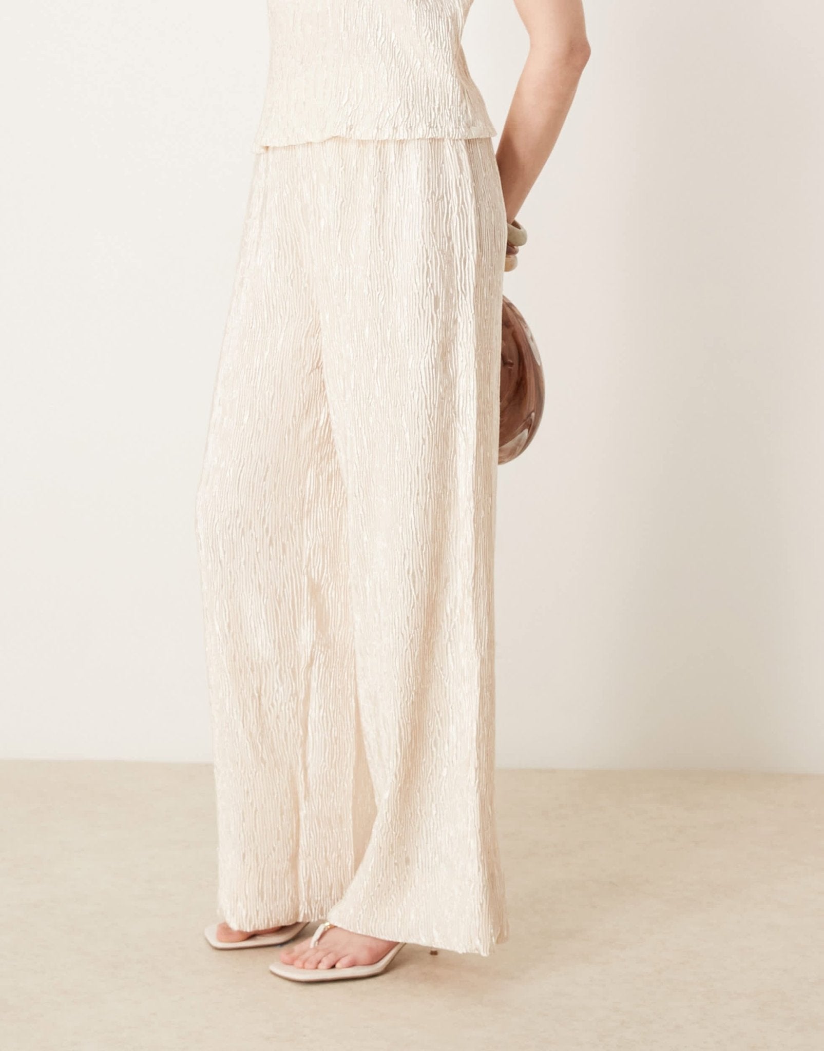 YAS shimmer crinkle wide leg trouser co-ord in sandshell - ASOS Sample Sale