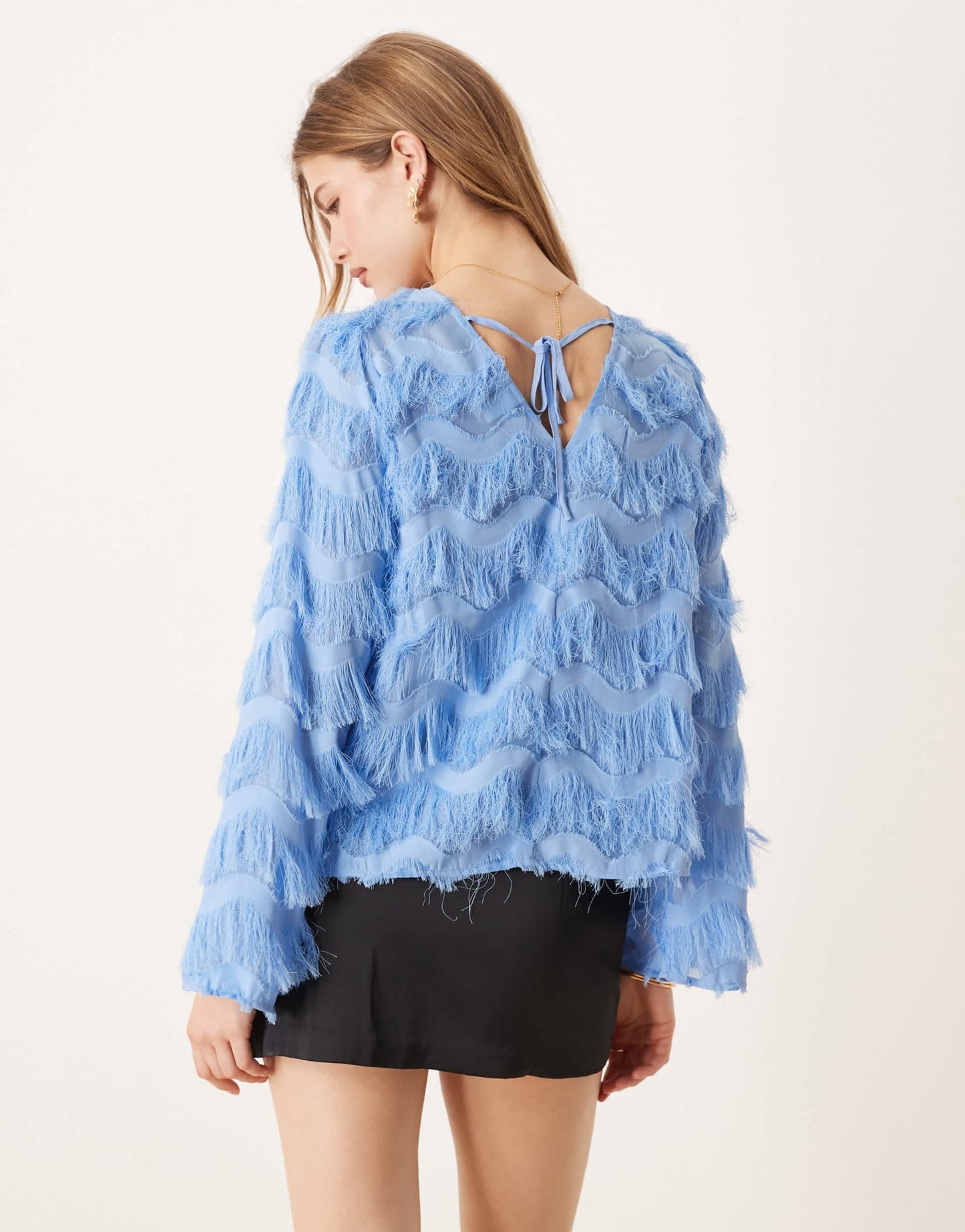 YAS textured flared sleeve blouse in blue - ASOS Sample Sale