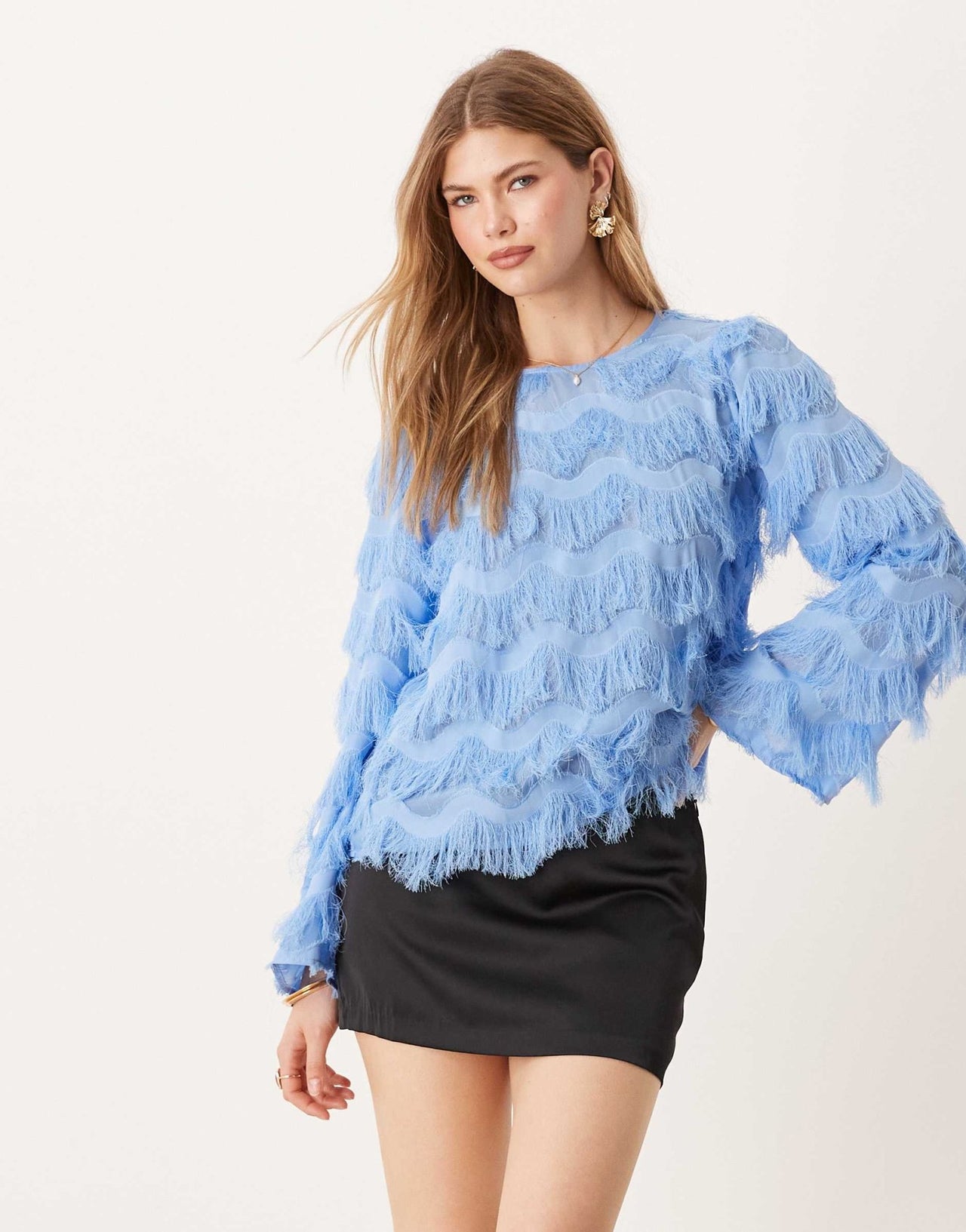 YAS textured flared sleeve blouse in blue - ASOS Sample Sale