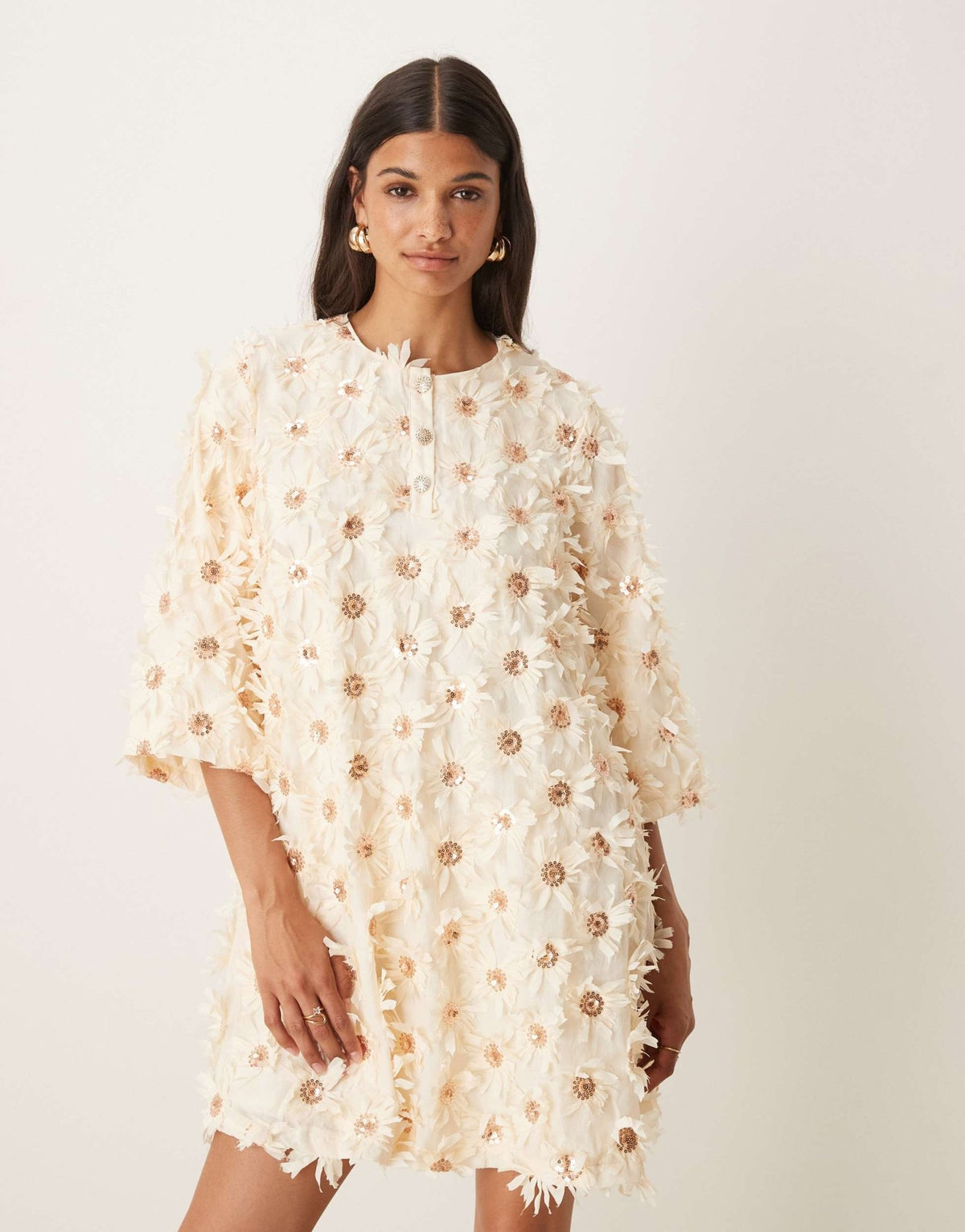 YAS textured smock mini dress with sequin embellishment in cream - ASOS Sample Sale