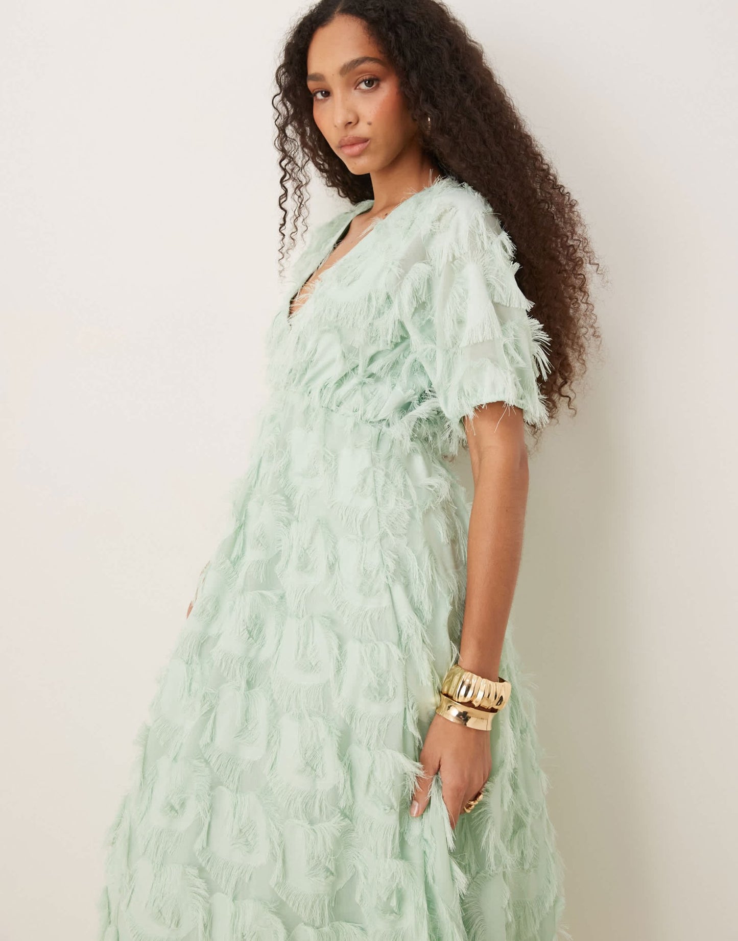 YAS textured v neck midi dress in mist green - ASOS Sample Sale
