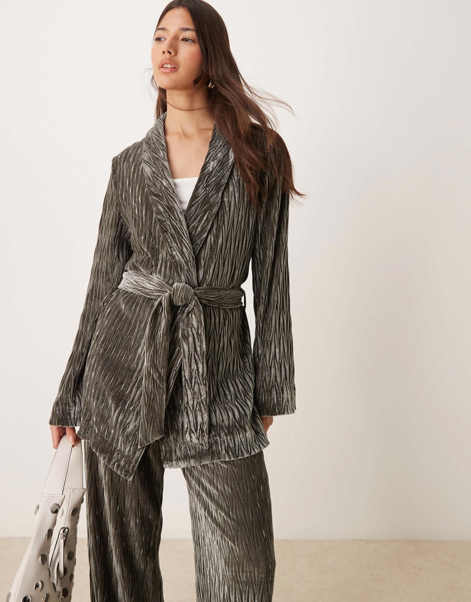 YAS textured velvet belted blazer co - ord in black ink - ASOS Sample Sale
