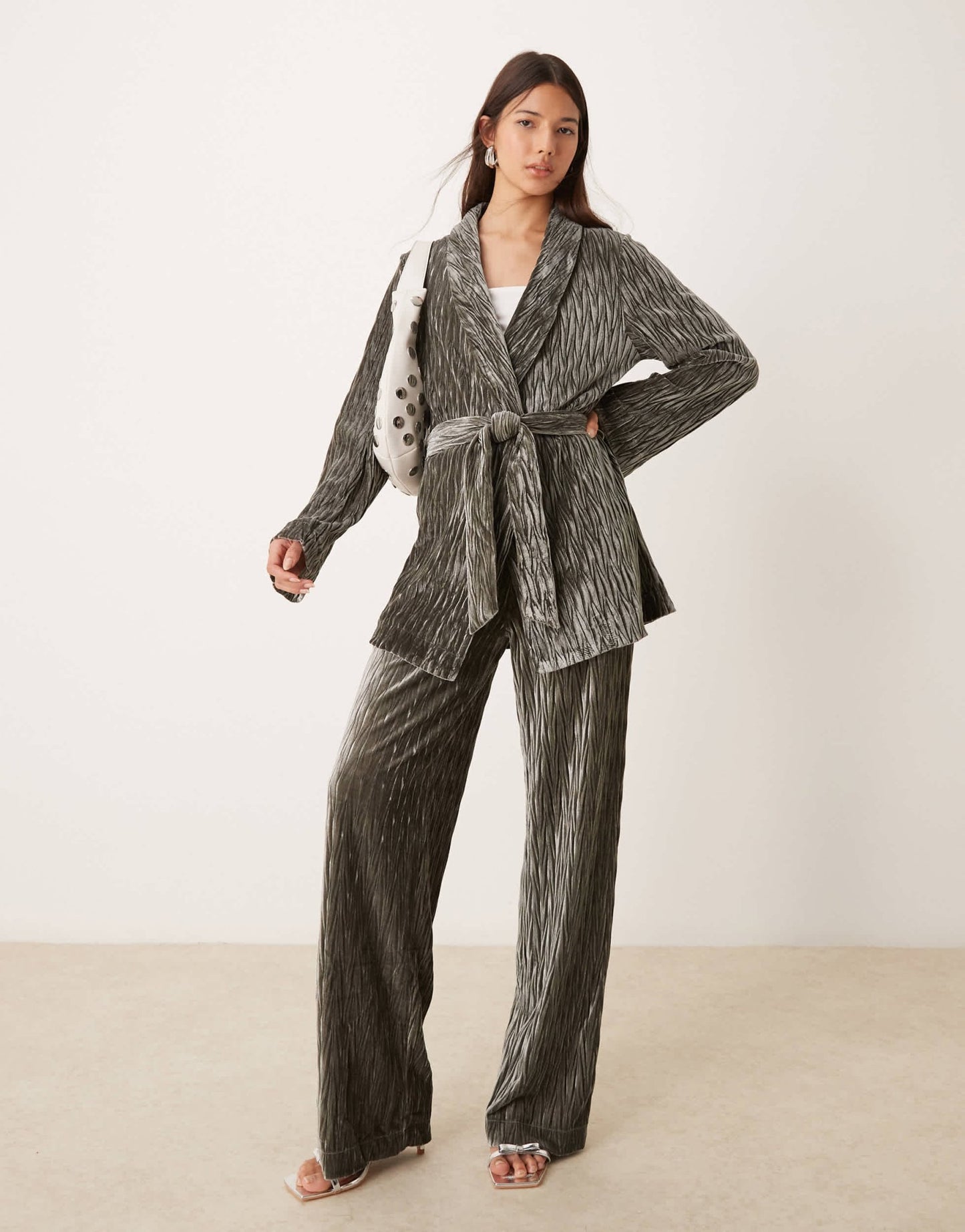 YAS textured velvet belted blazer co - ord in black ink - ASOS Sample Sale