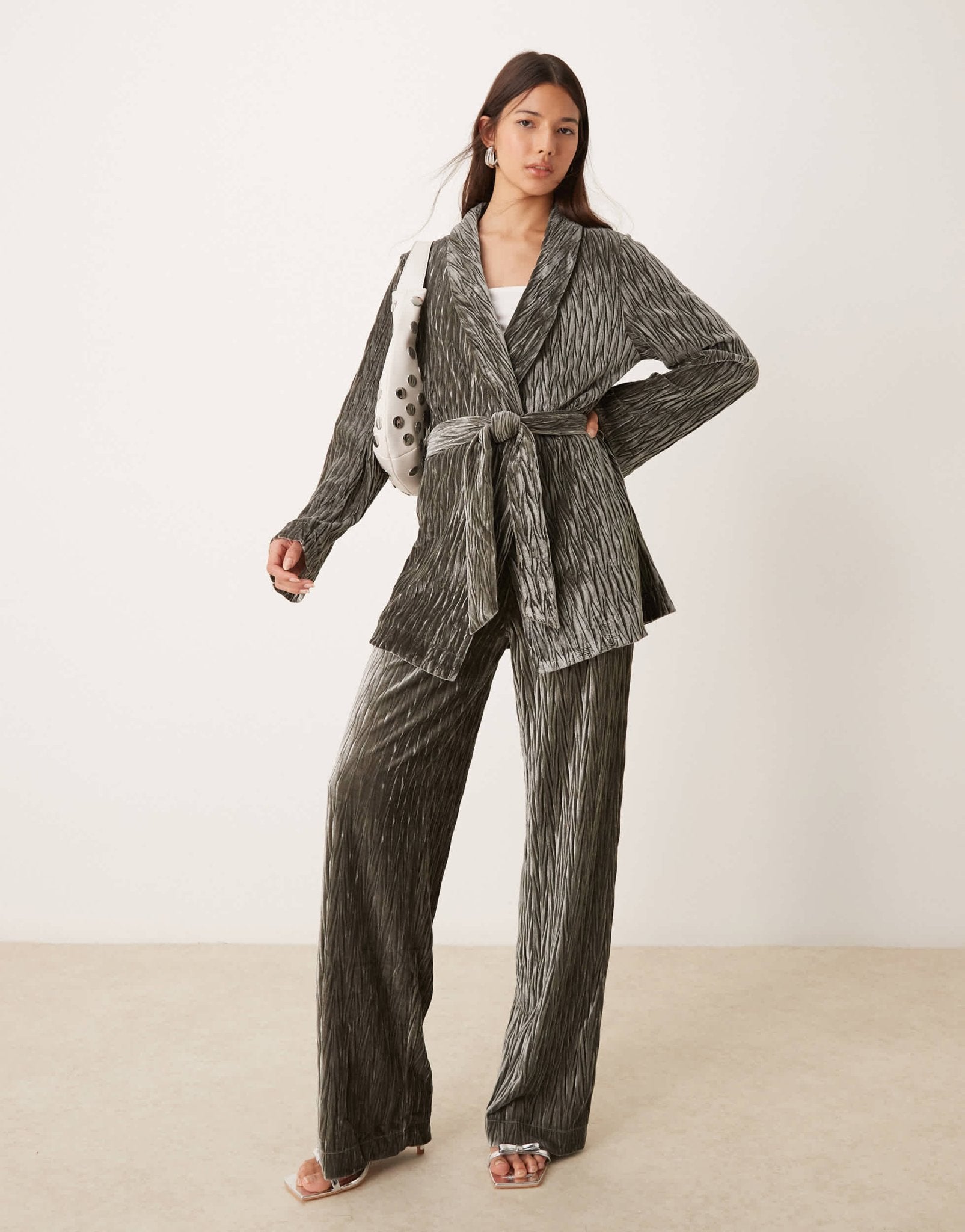 YAS textured velvet belted blazer co - ord in black ink - ASOS Sample Sale