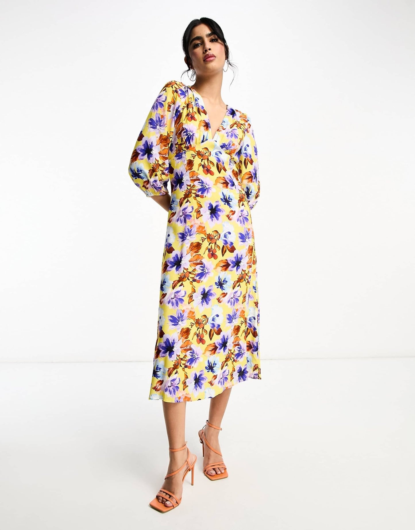 Y.A.S v neck midi dress in orange floral print - ASOS Sample Sale